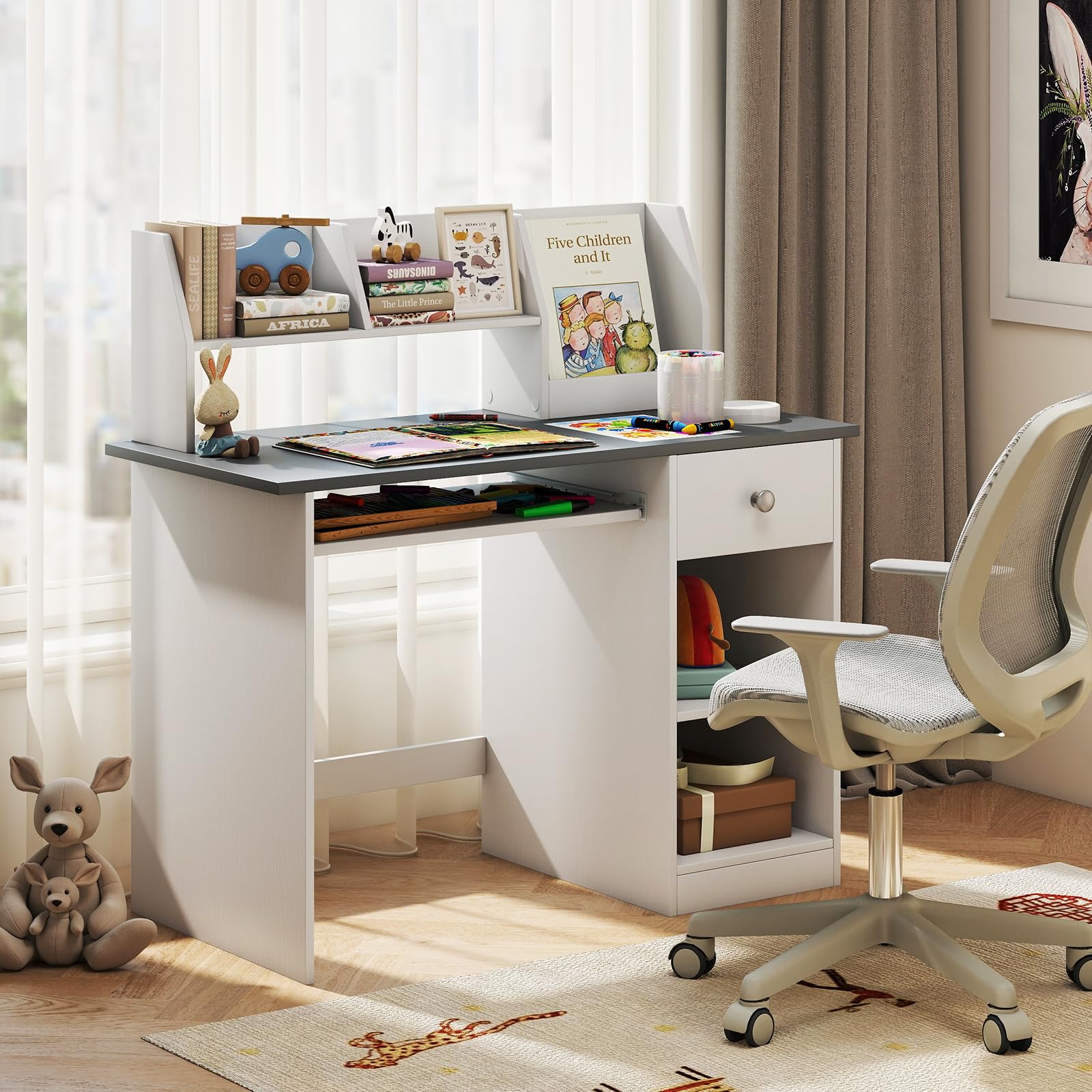 COSTWAY Bureau Enfants en Bois avec Etagères & Niche, 90x45x90cm, Charge 100kg, Gris