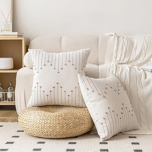 Miniatura 5 de LILEPOY Juego de 2 fundas de almohada bohemias de 20 x 20 pulgadas, fundas de cojín decorativas neutras con textura, fundas de almohada cuadradas