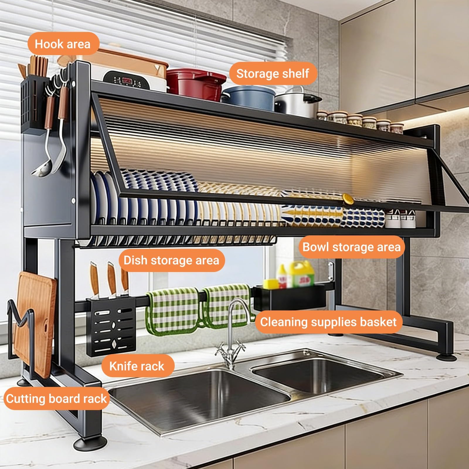 Escurridor de platos para colocar sobre el fregadero, organizador de cocina grande, escurreplatos multifuncional para un fácil almacenamiento en la encimera de la cocina, se adapta a platos, vasos