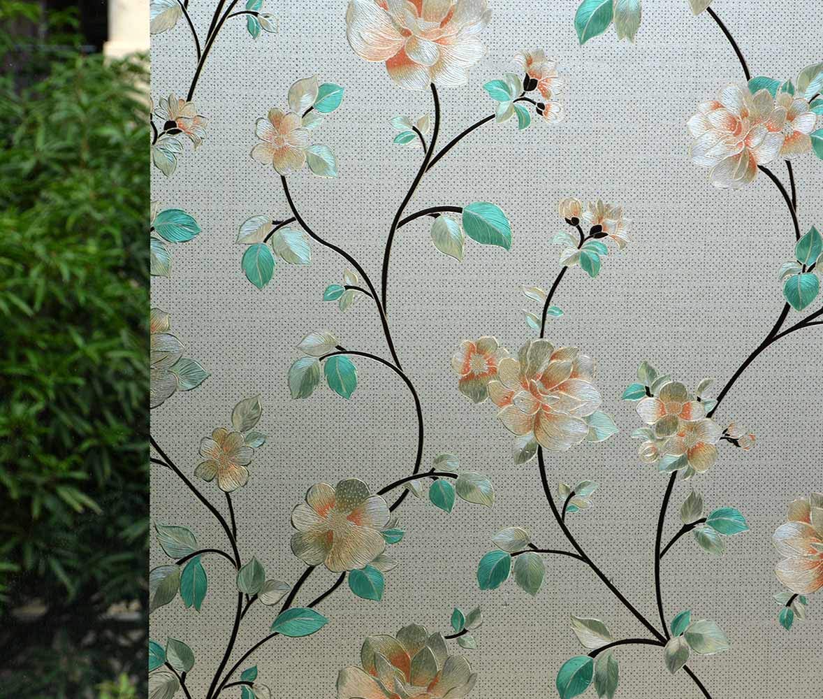 VSUDO Static Cling Decorative Window Privacy Film – Frosted Privacy Window Film with Jasmine Floral & Stained Glass Design, Adhesive-Free Tint for Home, Bathroom & Office (17.5" x 78.7")