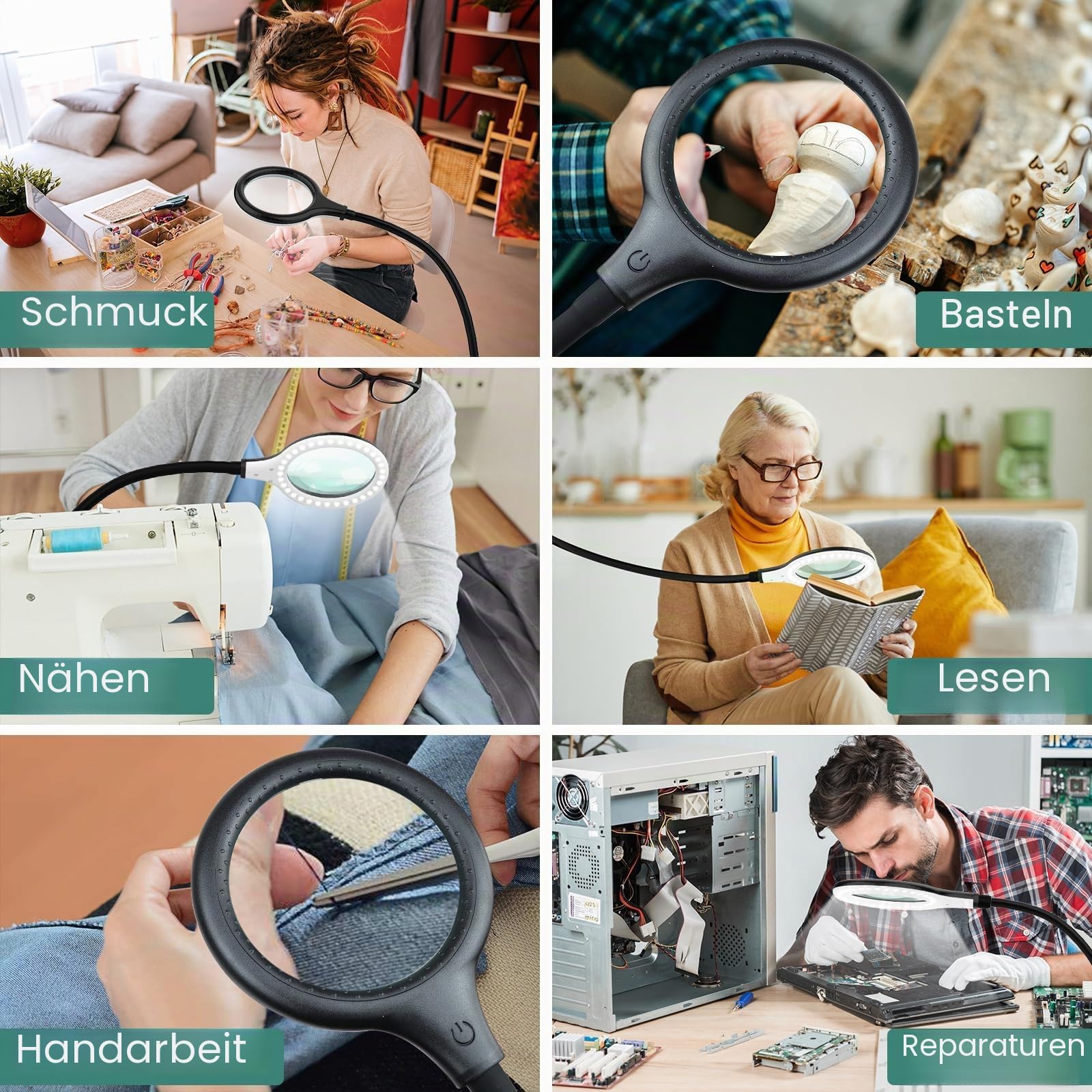 5X Lupe mit Licht und Ständer,Vergrößerungs-Schreibtischlampe mit flexiblem Schwanenhals, dimmbare Lupe mit hellem 54 teiliger LED-Licht zum Arbeit Lesen Hobbys Nähen Basteln Schwarz