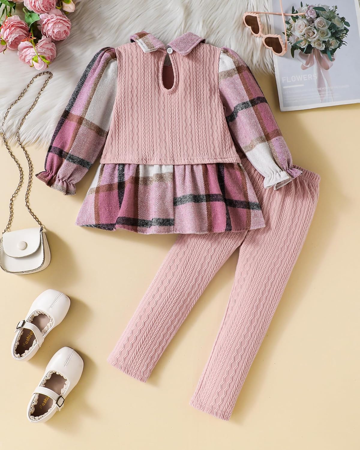 Jecson Toddler Girl Clothes Set: Button-Back Collar & Soft Warm Outfits Plaid Top & Leggings Cute Fall Winter Home & Out 2-8Y - Image 2