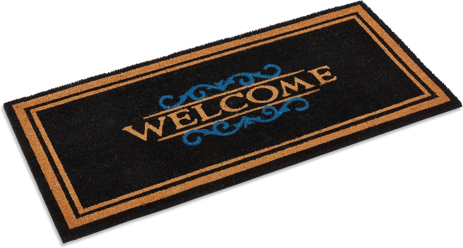 Kempf Elegant Welcome Coco Coir Doormat, 22" x 47", Extra-Large Low-Profile Indoor Outdoor Entrance Mat with Non Slip Rubber Backing