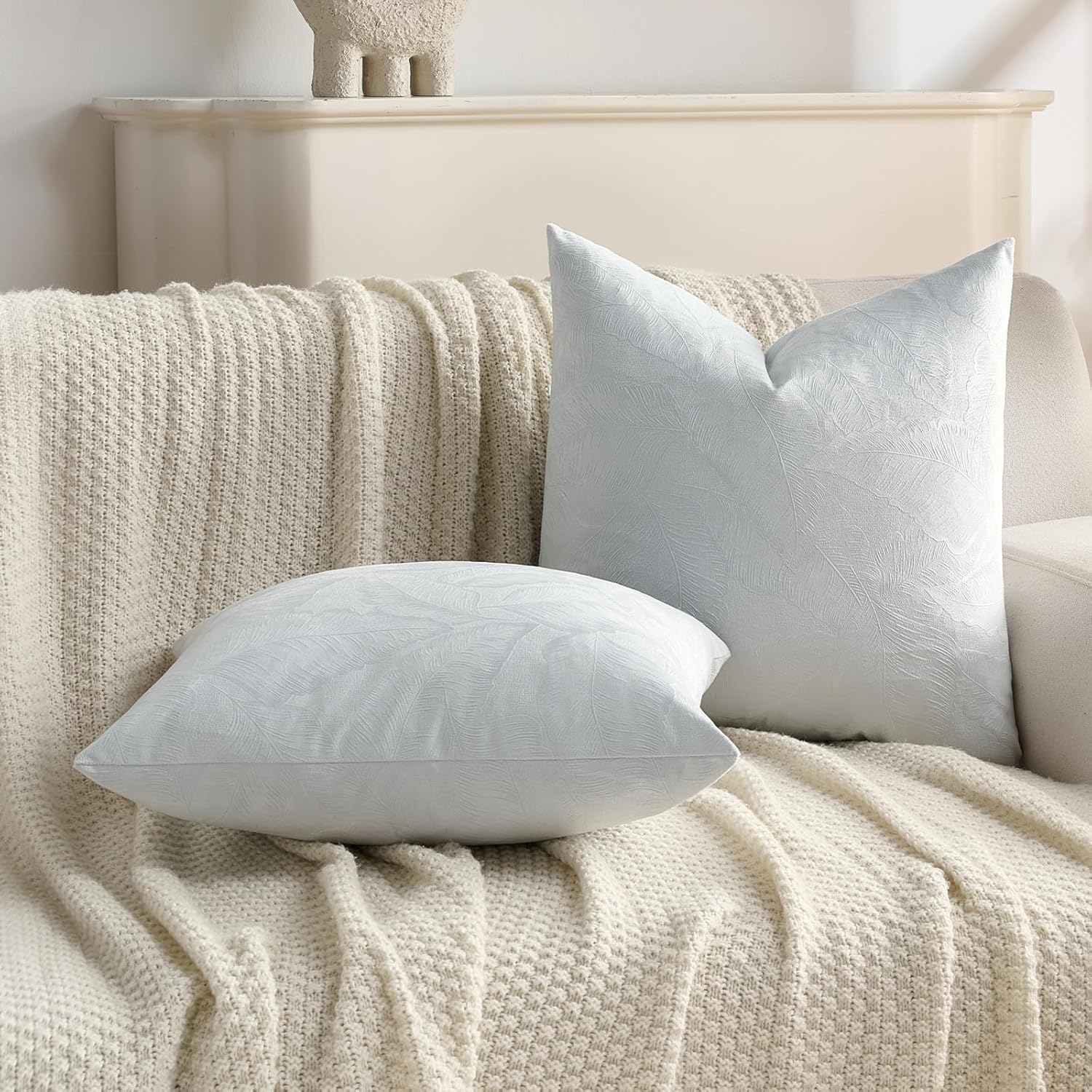 FUTEI Light Blue Velvet Throw Pillow Covers 24x24 Inch Set of 2,Soft Embossed Leaf-Relief Textured European Cushion Cases,Natural Home Decor for Couch Living Room
