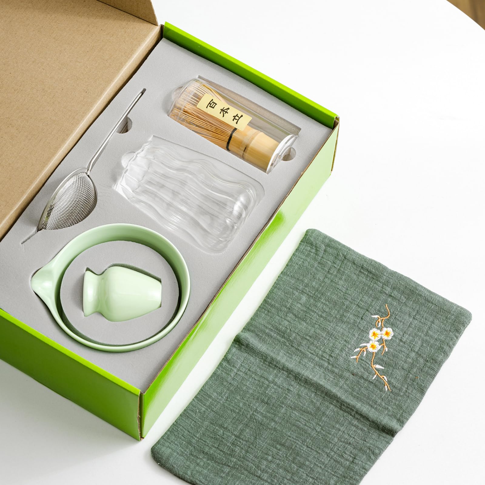 TFixol Autentyczny japoński zestaw do herbaty matcha, 7-częściowy zestaw ceremonii, z miską trzepaczką, pojemnikiem na wylewkę, szklanka w eleganckim pudełku