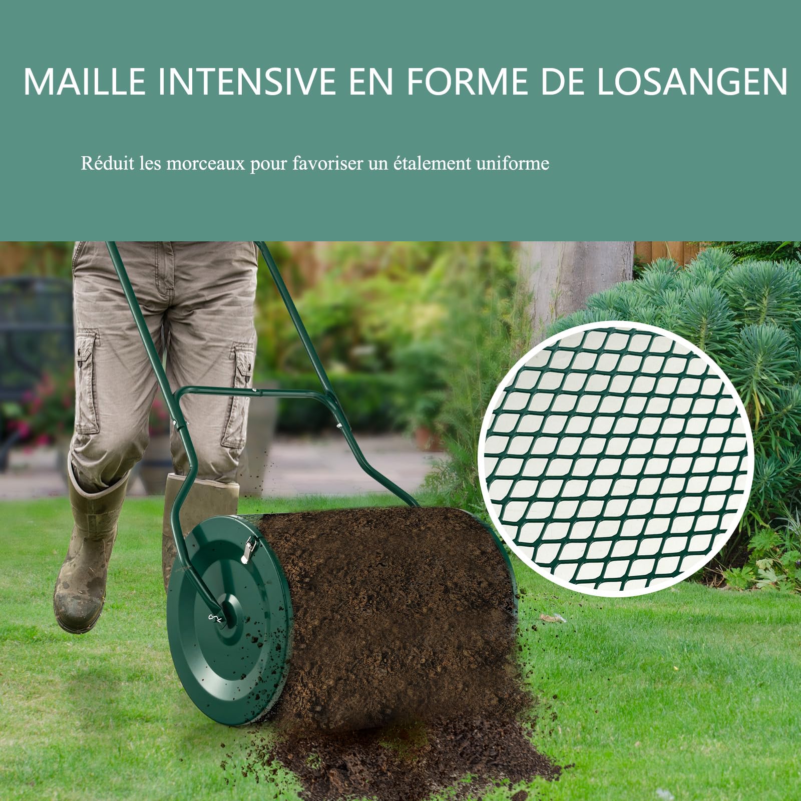 SOARS Rullo Spargiconcime Prato da 80L, Spargiconcime a Rullo Ø39 x 68 cm con Manico e Cestello in Rete Metallica, Spargiterriccio da Giardino per Concimazione e Semina (Verde)