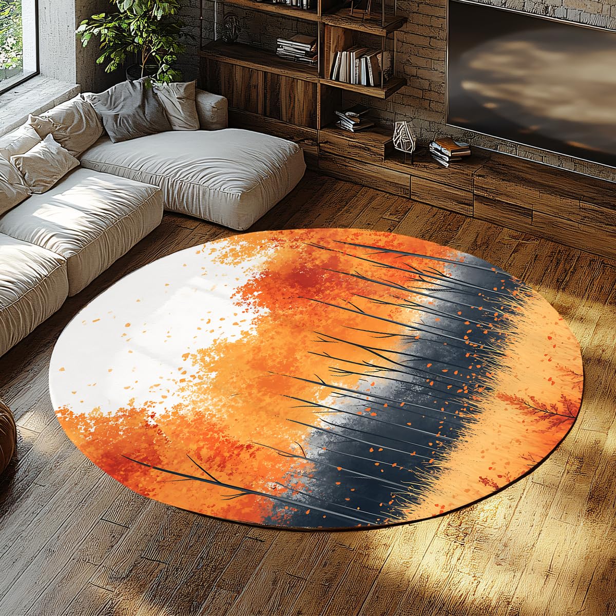 Tapis rond orange automne de 100cm lavable et antidérapant imprimé forêt