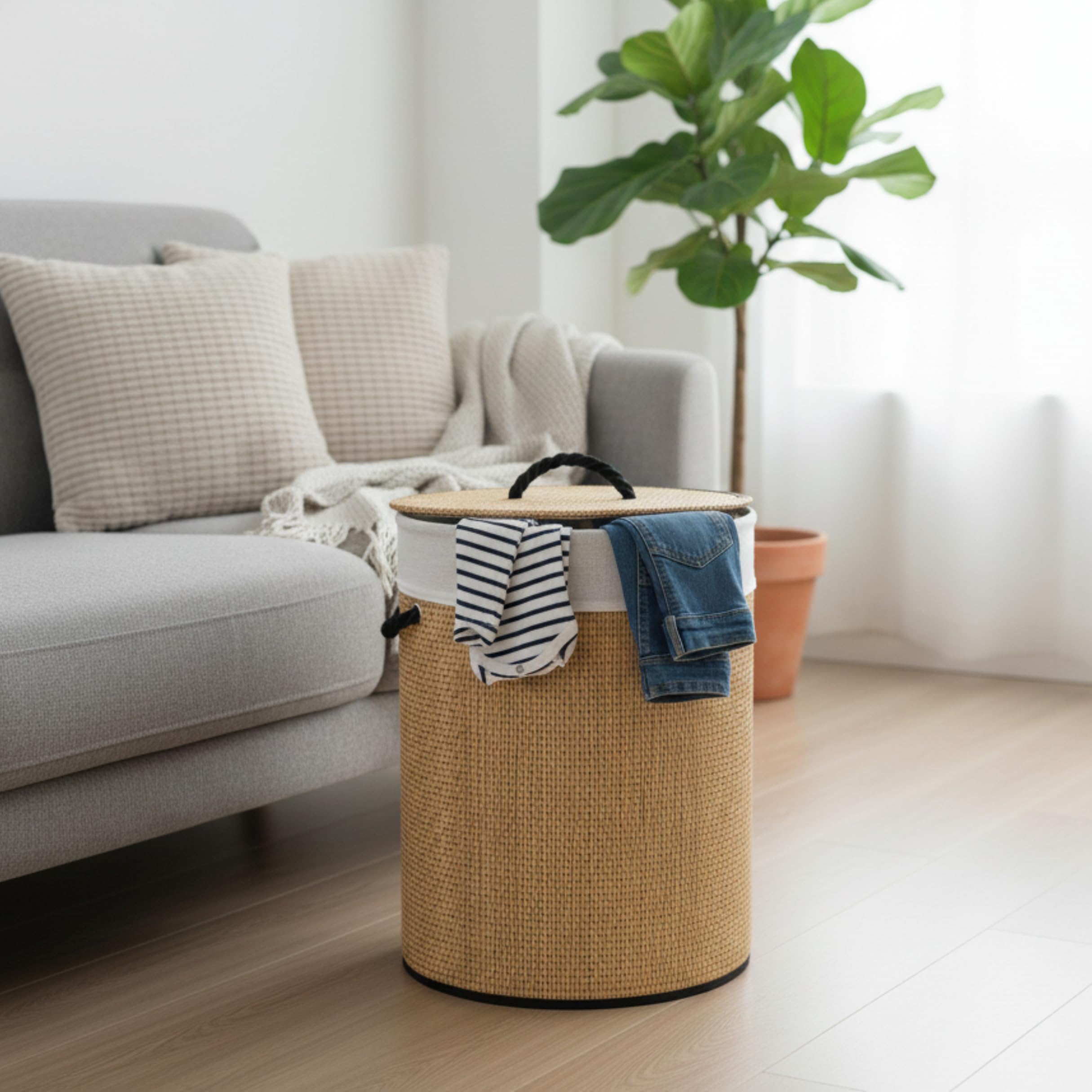 Weida Cesto de la Ropa Sucia de Bambú | Redonda con Tapa y Asas Plegable | Bolsa Extraíble y Lavable | Fácil Transporte | Diseño Natural | Para baño o Dormitorio | Color Marrón Bambú (60cm-35cm) — view 6