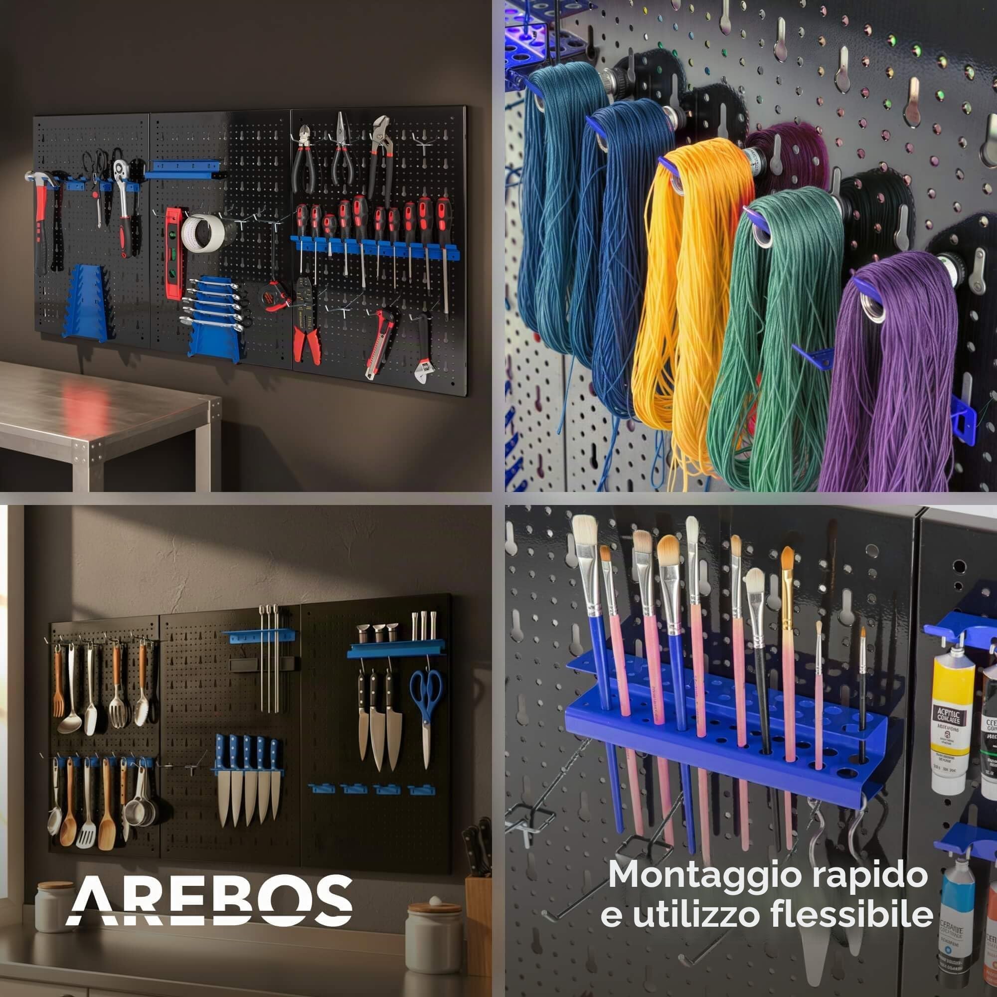 Arebos Parete degli attrezzi, 3 pezzi, parete forata per officina, set di ganci e supporti da 17 pezzi, 117,6 x 59,5 x 2 cm, parete forata per utensili in metallo per installazione con materiale di