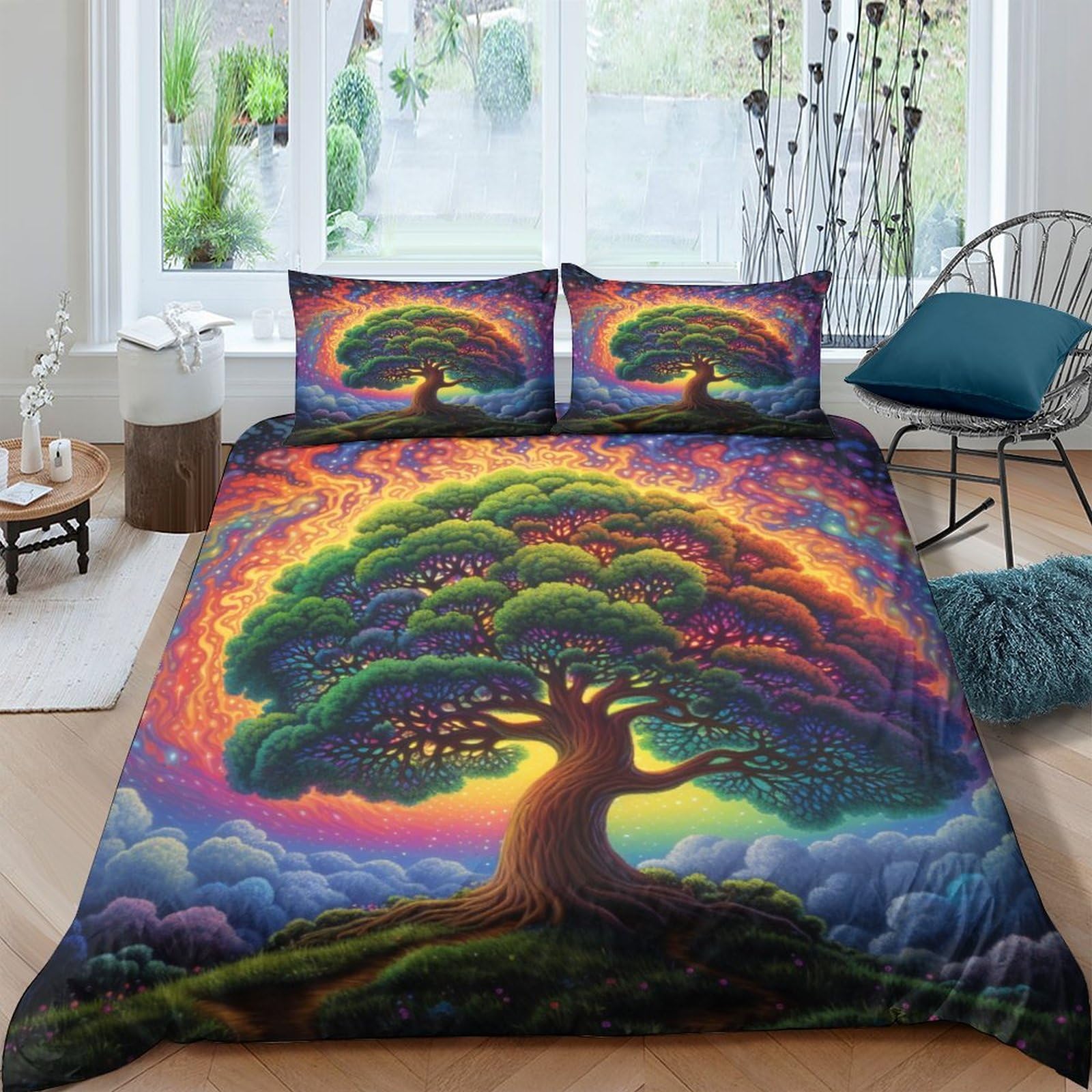 Housse de couette Arbre Arc-en-Ciel 3D parure de lit galaxie 200x200cm pour adulte et enfant