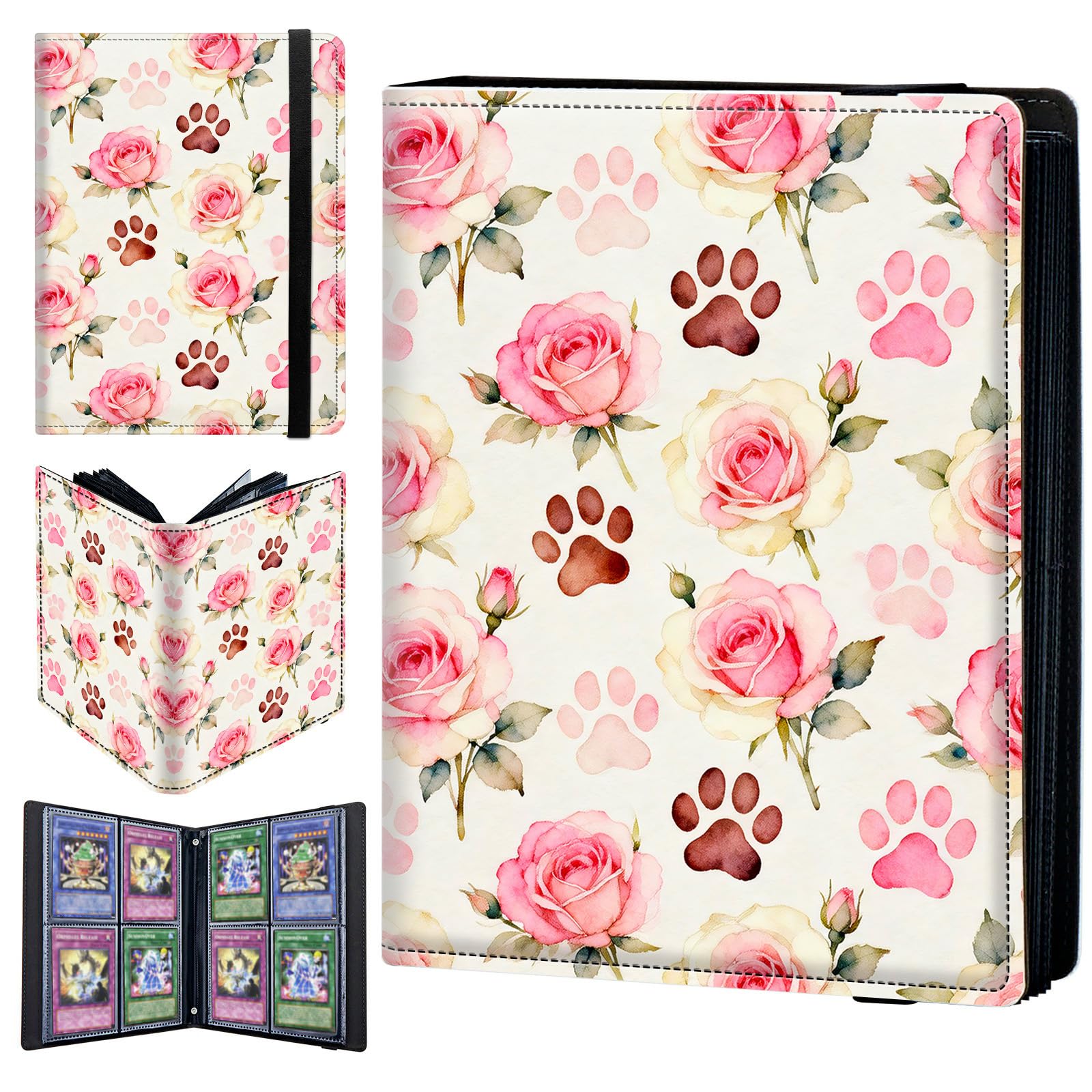 4 Pocket Trading Card Binder 160 Side Loading Pocket Album with Pink Roses and Dog Prints Pattern Design Card Binder for Sports Cards & Game Cards