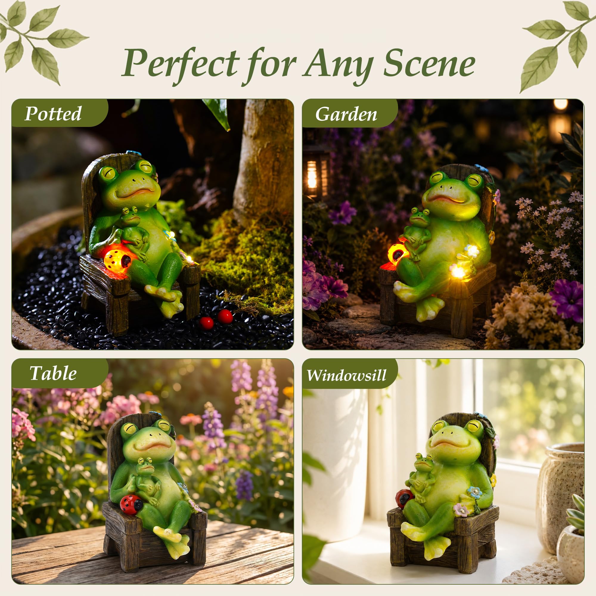 Yeomoo Statuette da giardino a energia solare con coccinelle e fiori, decorazione da giardino per esterni, divertente rana madre con bambino su sedia a dondolo, decorazione per soggiorno, giardino