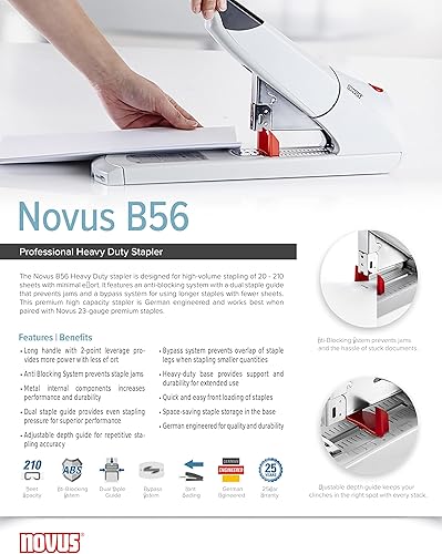 Miniatura 6 de Novus Engrapadora resistente B56, capacidad para 200 hojas, antiatascos, profundidad de grapado de 3 pulgadas con guía ajustable, derivación de