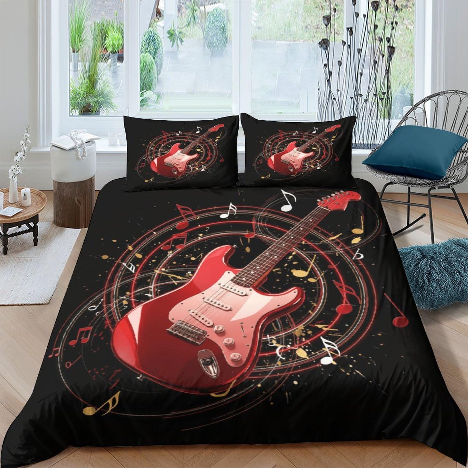 Ctjqhvkz Style-6 3D Printed Electric Guitar Fitted Sheet Microfiber Black Red Music Note Bed Cover For Bedroom Guest Room Decor Single（135X200cm）