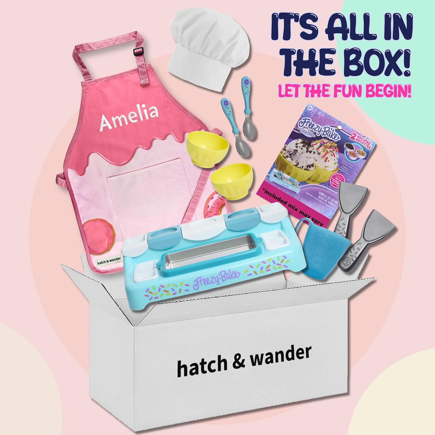 hatch & wander Freezy Bake Ice Cream Maker Bundle | Includes Kids Apron and Chef Hat | Freezy Bake Mix (mix may vary)