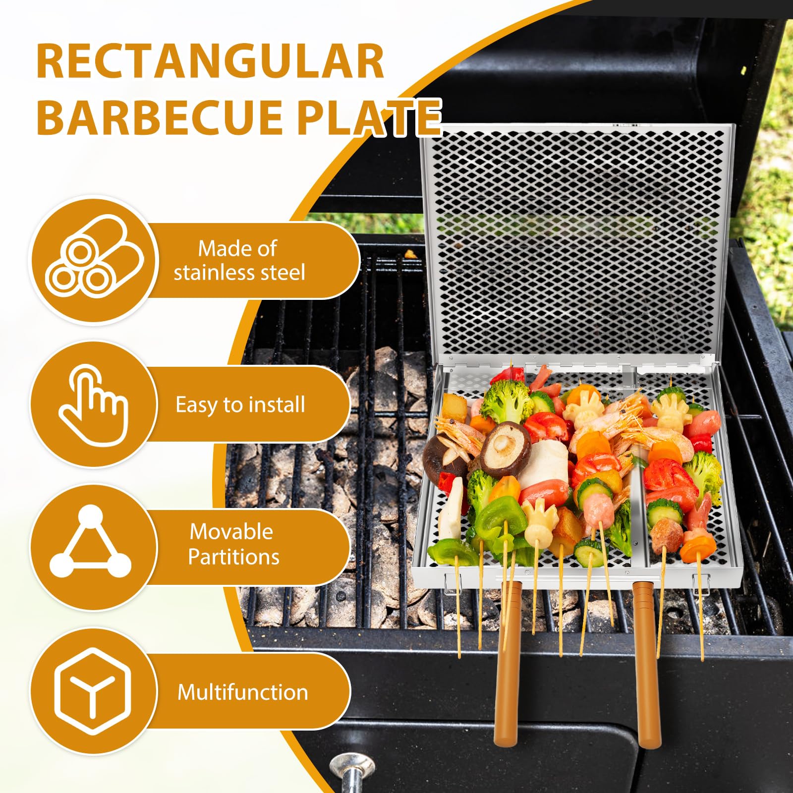 Griglia in acciaio inox per barbecue, grigliare pesce, verdure, gamberetti, griglia portatile da esterno con manico in legno, accessori per barbecue perfetti per regali