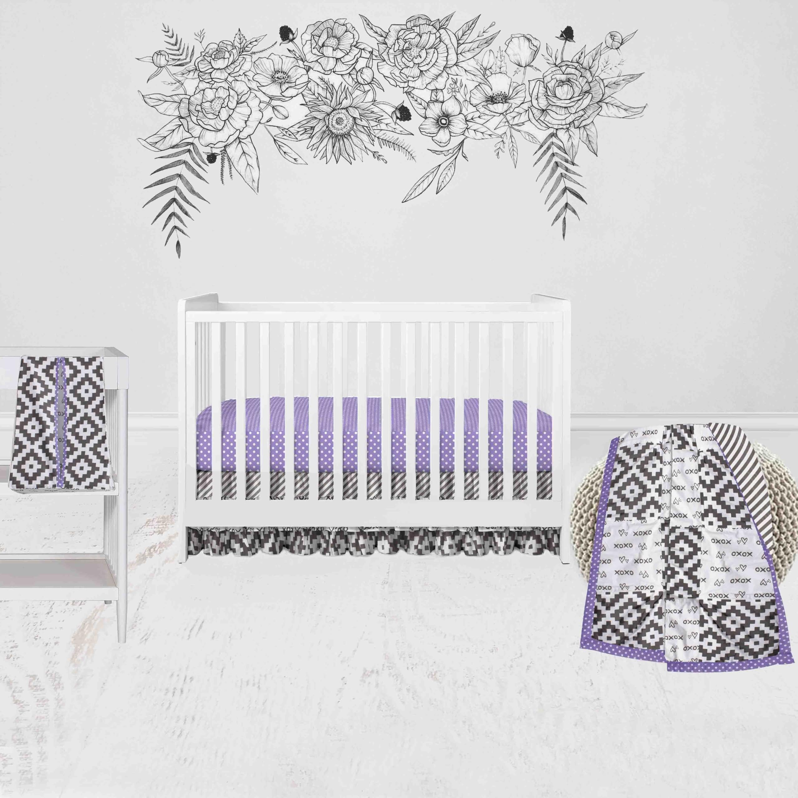 Bacati - Love Gray Lilac 4 Piece Crib Bedding Set with Diaper Caddy