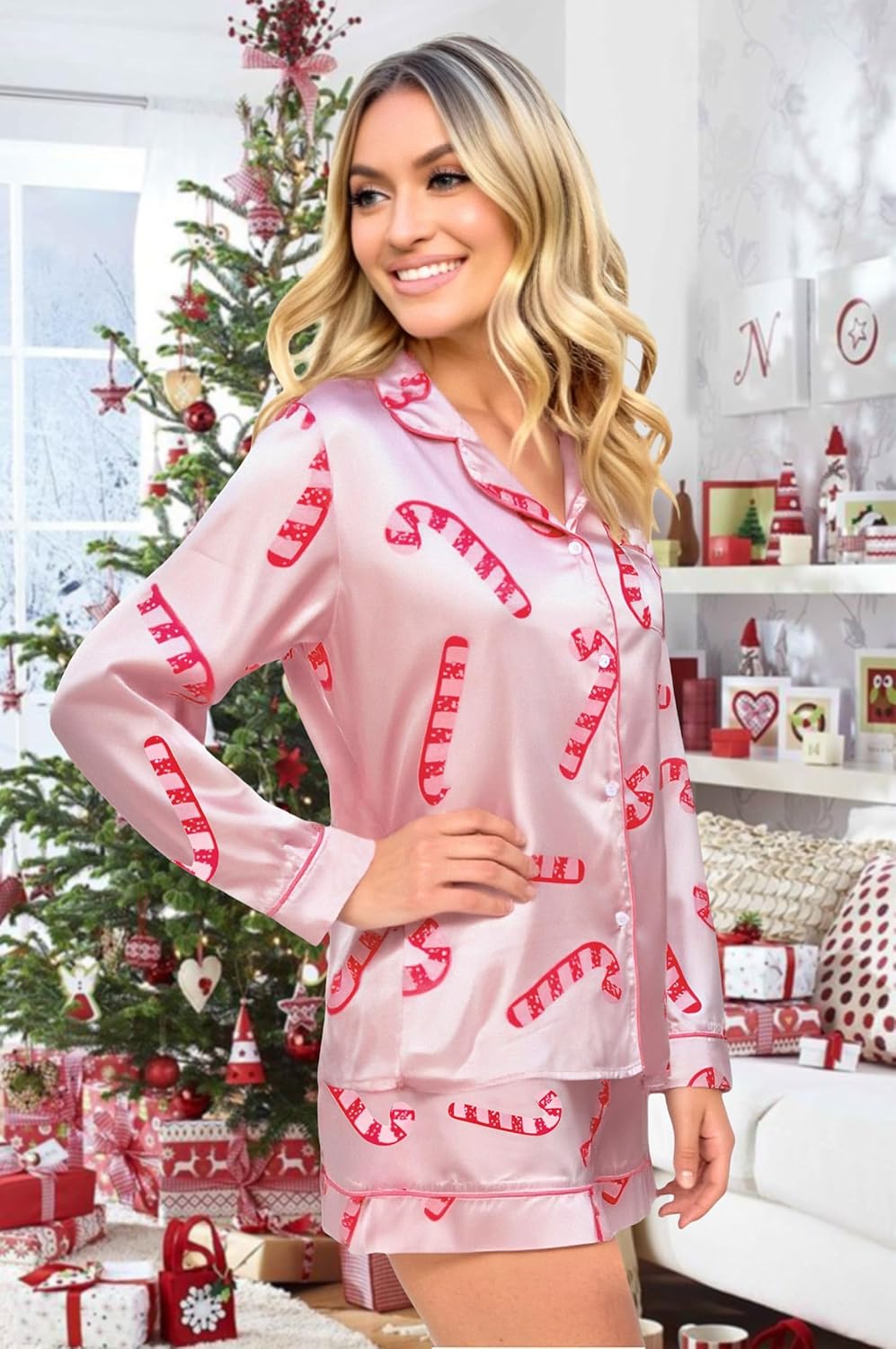 MYHALF Christmas Santa Pajama Set Women Christmas Pajamas Xmas Long Sleeve Sleepwear 2 Piece Button Down Pjs Lounge Set - Image 5