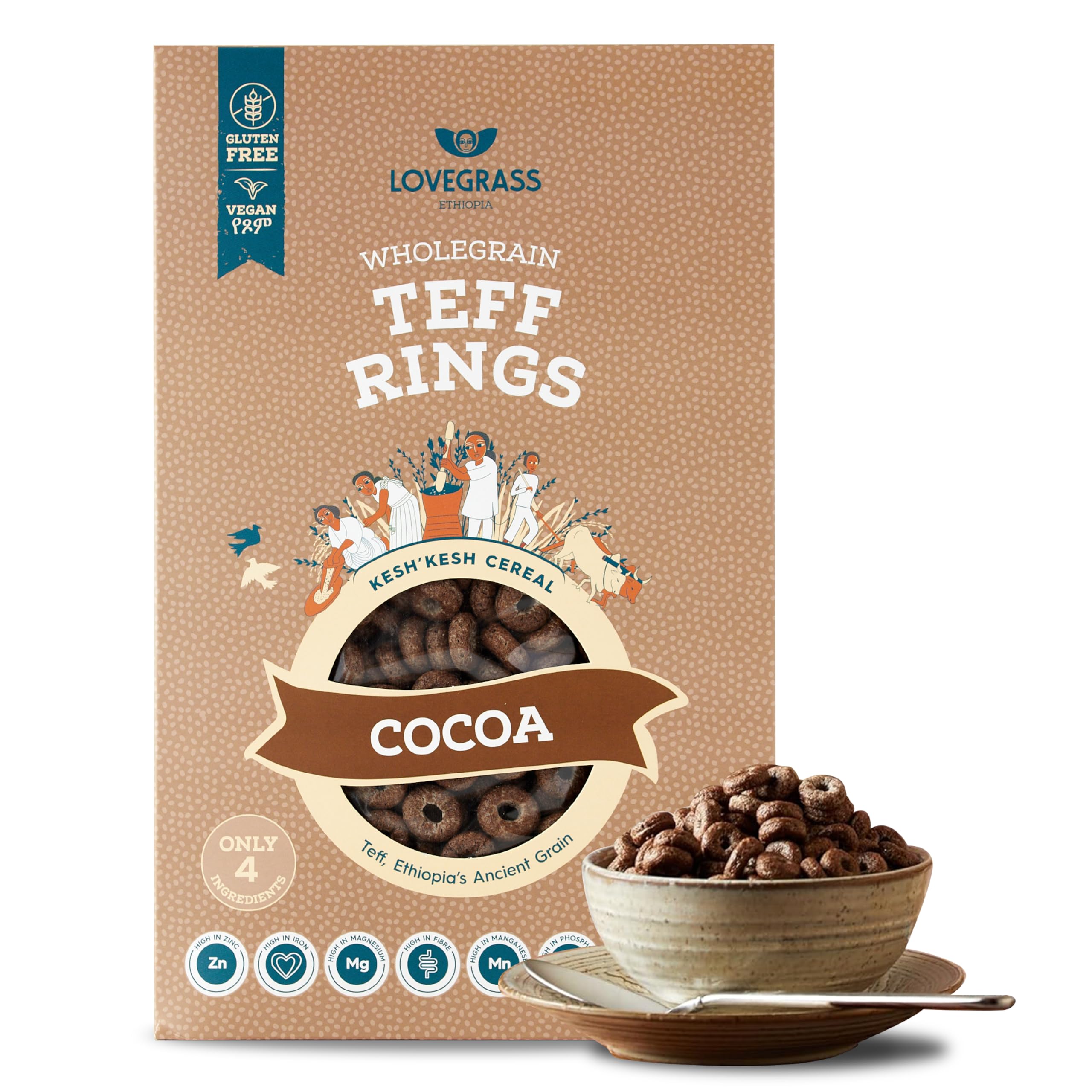 Cocoa Teff Rings | Award Winning Healthy, Whole Grain Breakfast Cereal 350g | Gluten Free | Vegan, High Protein, Fibre, Vitamins & Minerals | No Artificial Sugar