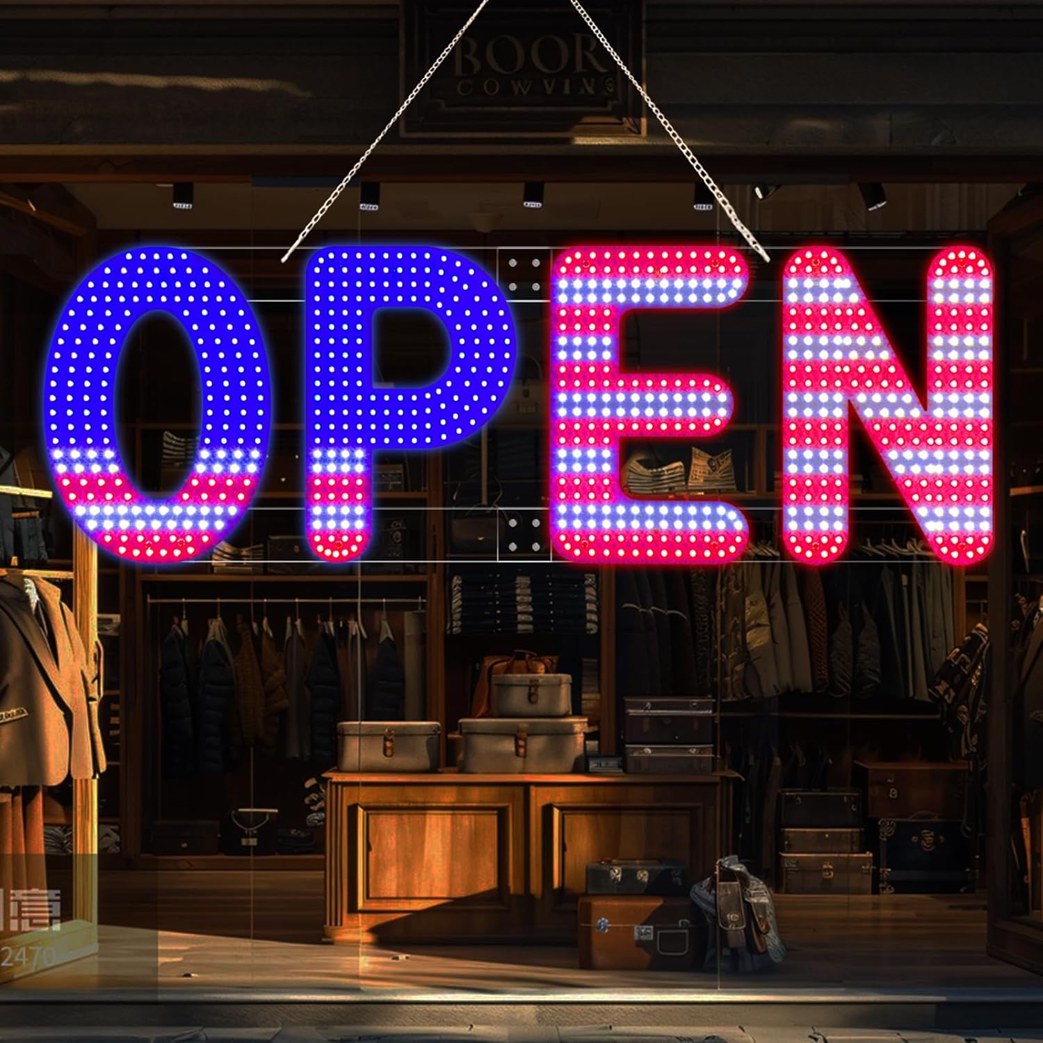 30"x10" Open Sign, Large LED Open Sign for Business, Ultra Bright and Dimmable, Includes 12V Adapter with 4 Lighting Modes for Storefront, Bar, Coffee Shop, Salon (US Flag Design)