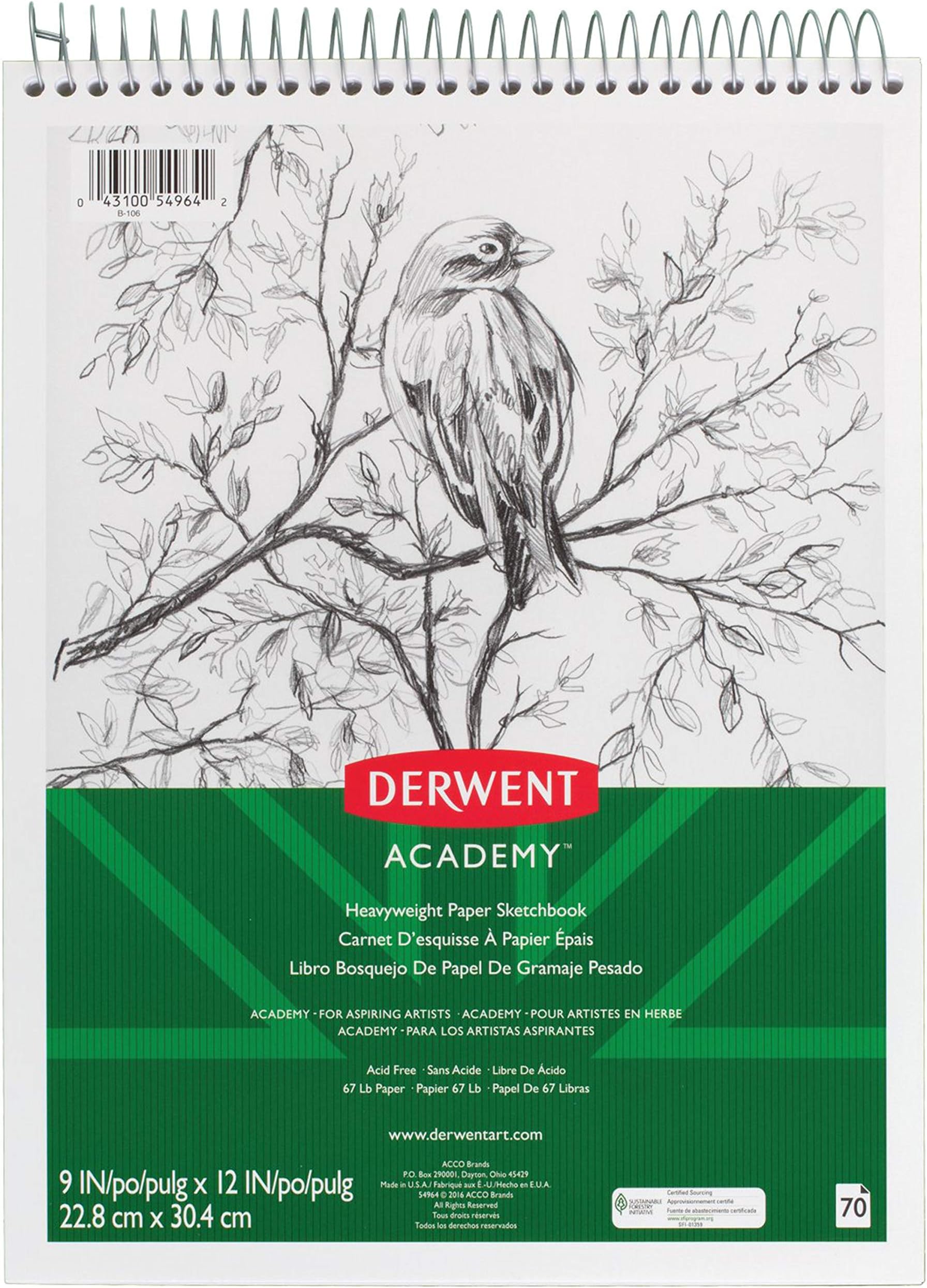 DerwentAcademy Sketchbook, Heavyweight Paper, Topbound Sketch Book, 70 Sheets, 9" x 12" (54964)