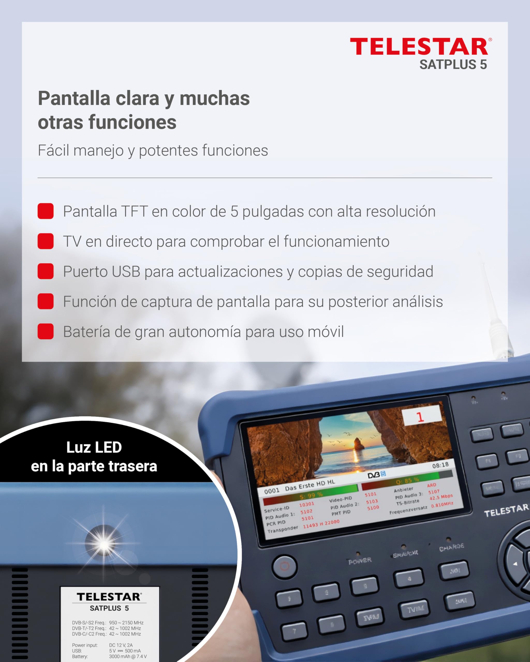 TELESTAR SATPLUS 5 – Medidor Sat con Imagen de TV en Directo | Para DVB-S/DVB-S2/DVB-C/DVB-T2, Unicable, pantalla de 5"