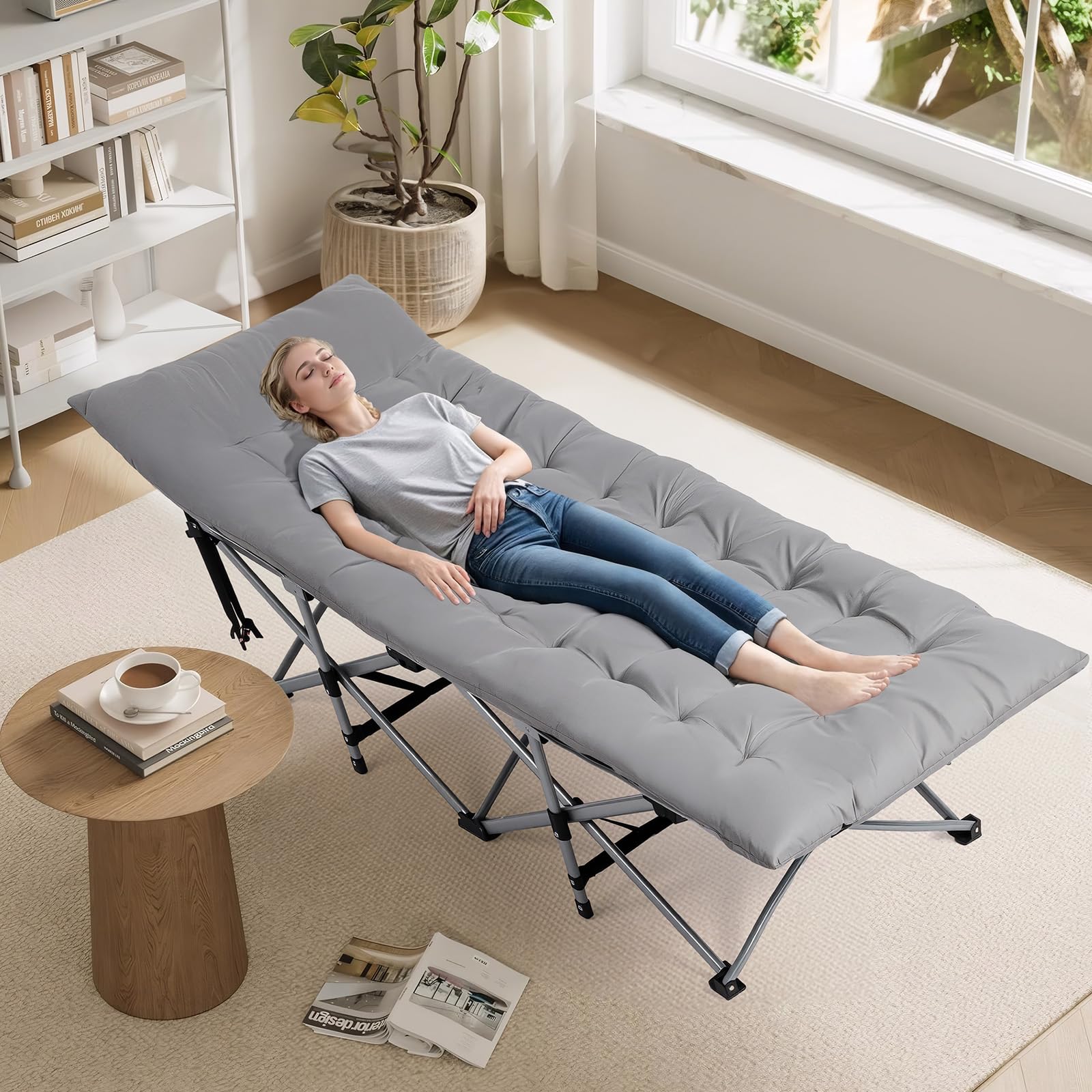 Bonnlo Lit de Camp Pliable en Acier avec Sac de Transport Lit de Camping en Oxford 600D Charge Max. Jusqu'à 150kg, Lit de Voyage Parfait pour Jardin, Camping, Plage et Intérieur, Gris, 190×71x36 cm