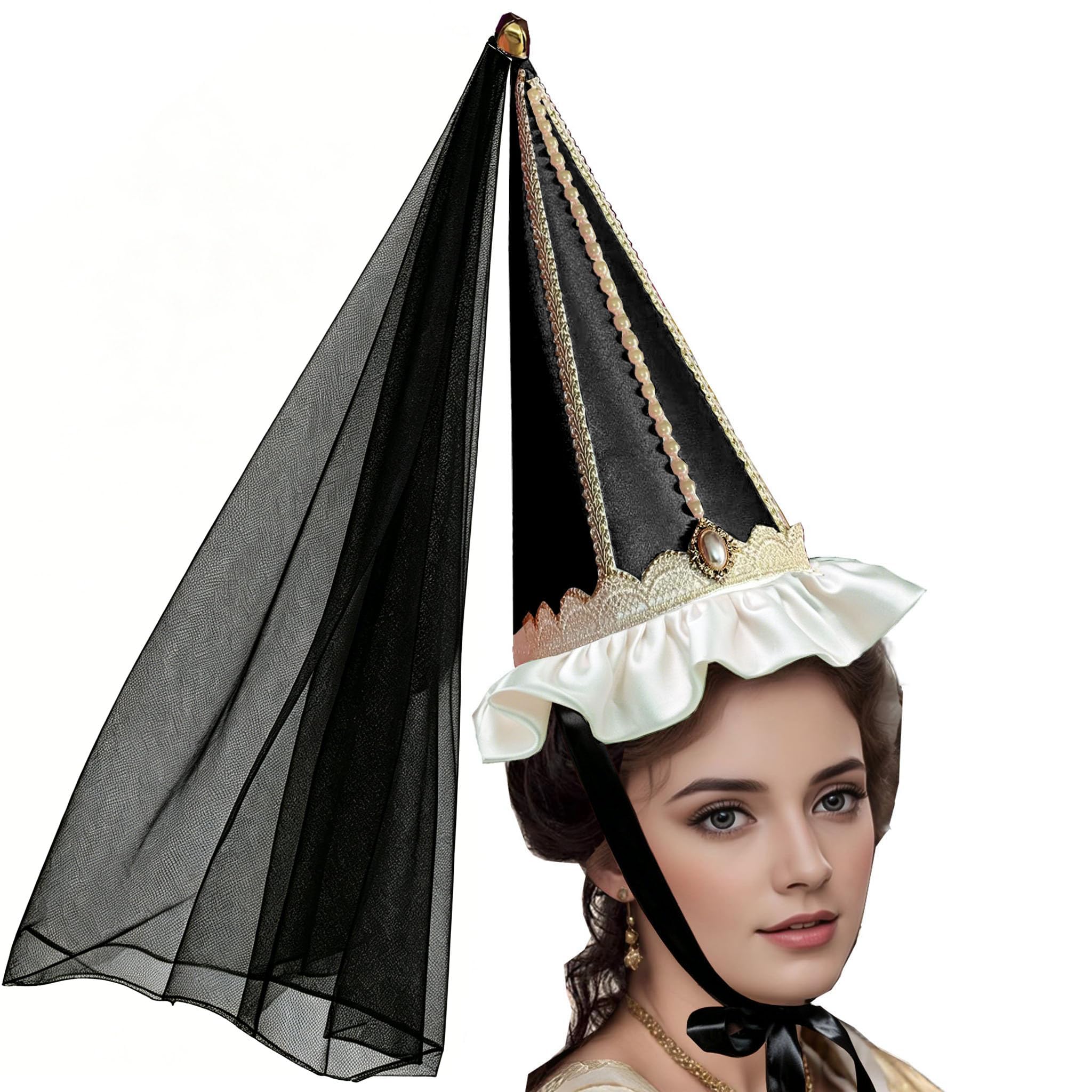Unykaflor Womens Medieval Hennin Hat with Veil,Cone Pointy Hat for Halloween Christmas Renaissance Costume Party