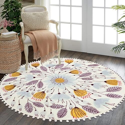 Uphome Alfombra redonda para dormitorio de 53 pies con pompones flecos flores lavables antideslizantes suaves para entrada lavandería sala de estar