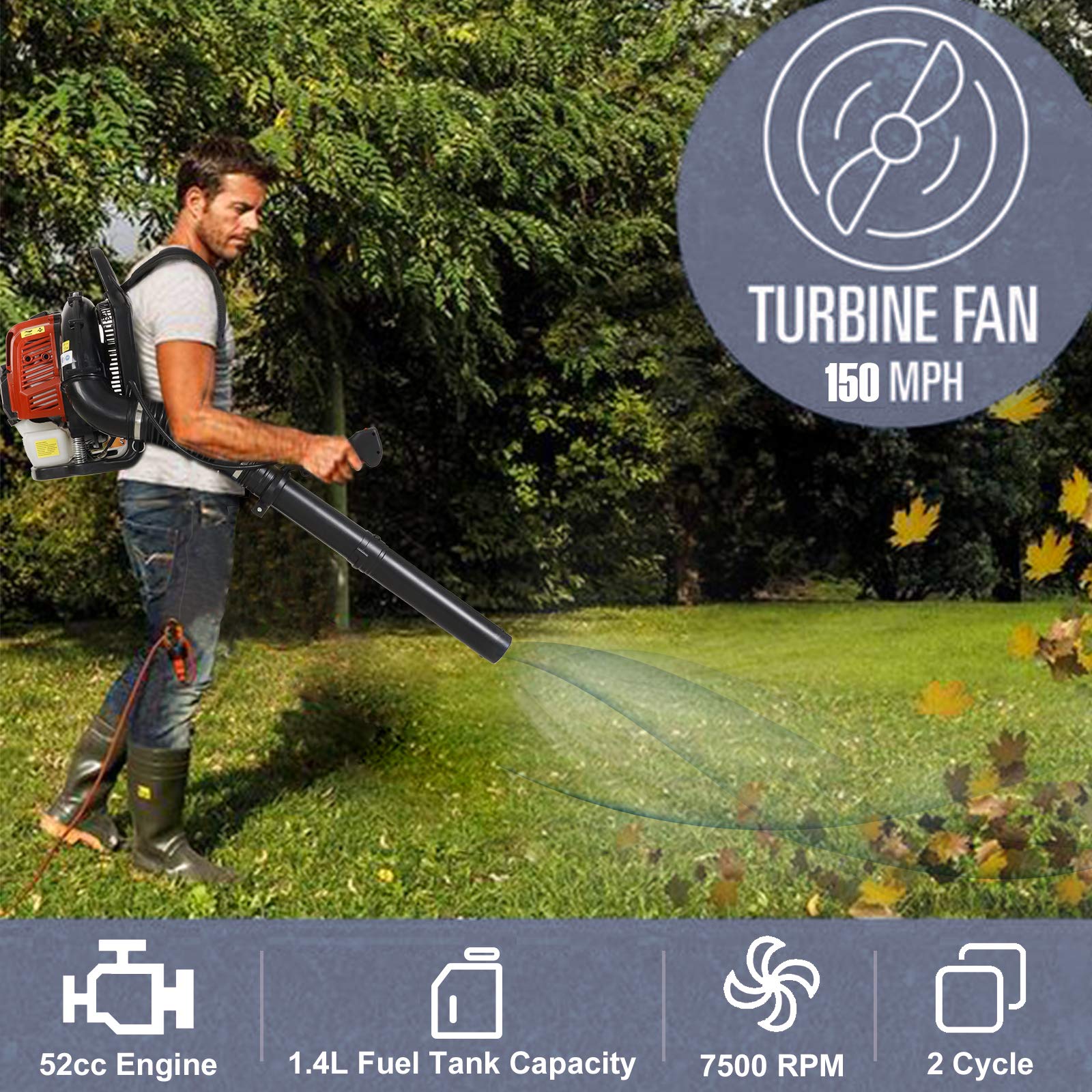 PXTrunk Gas Leaf Blower 52cc 2 Cycle Engine Backpack Blower Powerful