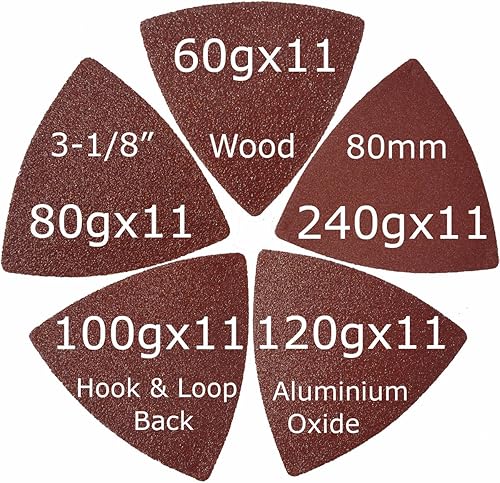 Miniatura 9 de XXGO 3-18 pulgadas 3.150 in, 60 piezas de 60 granos triangulares de gancho y bucle, multiherramienta de lija para lijado de madera, ajuste de 3-18