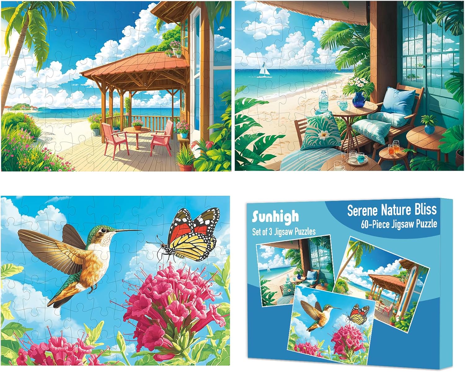 Sunhigh Dementia Puzzles for Elderly, Set of 3-60 Piece Jigsaw Puzzle, Alzheimer’s Products and Activities for Seniors Serene Nature Bliss