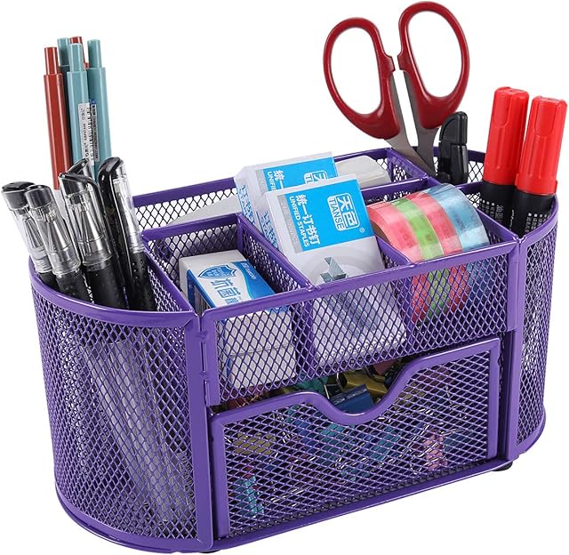 EasyPAG Office Mesh Desk Tidy Versatile Stationery Storage Desktop Organiser Pen Holder with Drawer,Purple