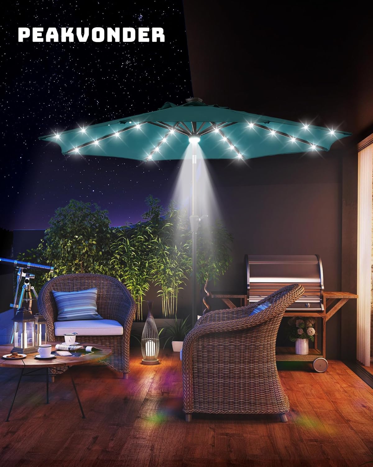 7.5 ft/9 ft/10 ft Patio Umbrella with Solar Light, 24/32-LED + 1 Center Light, 6/8 Heavy Duty Ribs–Large Table Outdoor Umbrella for Patio- Beach, Pool, Deck, Market & Table, Crank&Tilt