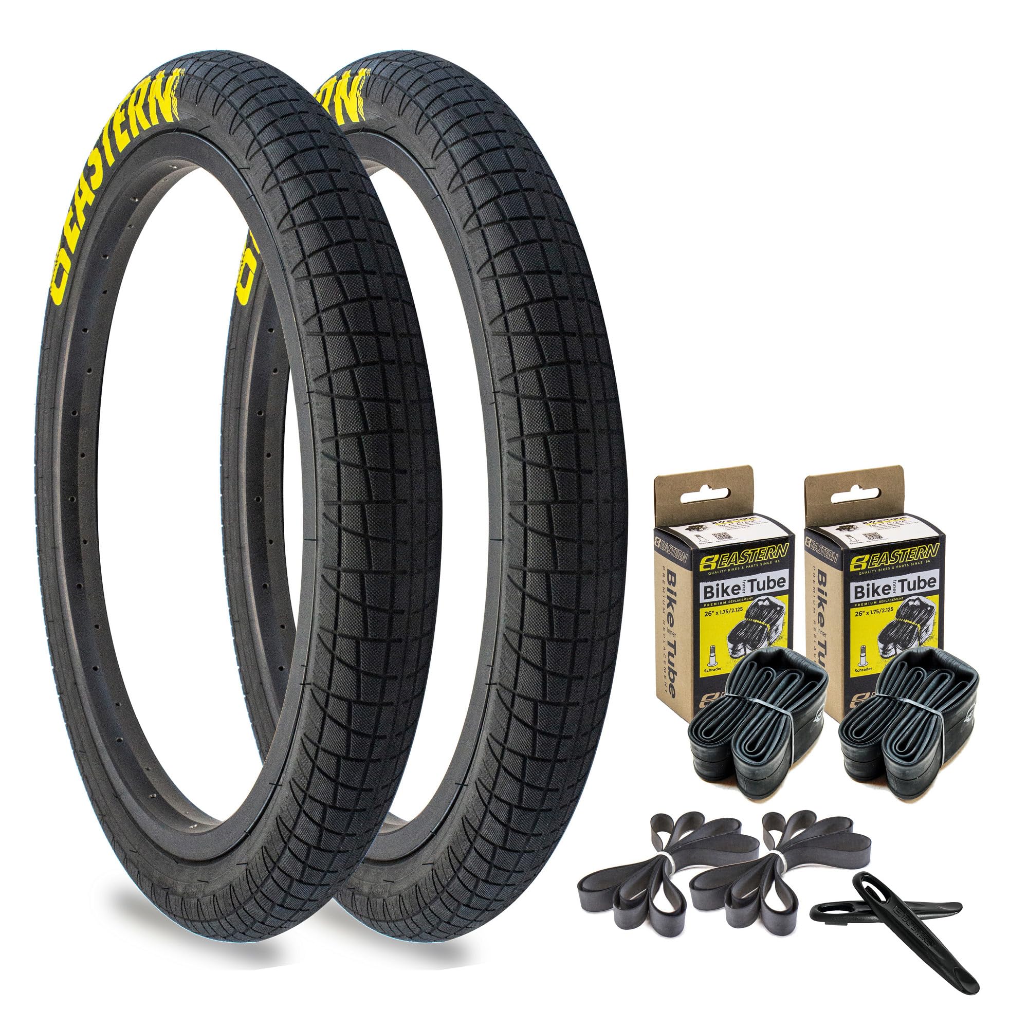 Eastern Bikes Throttle 20 inch BMX Tires Available with or Without Tubes, 2.2, 2.3 and 2.4 Inch Widths, White or Yellow Logo.