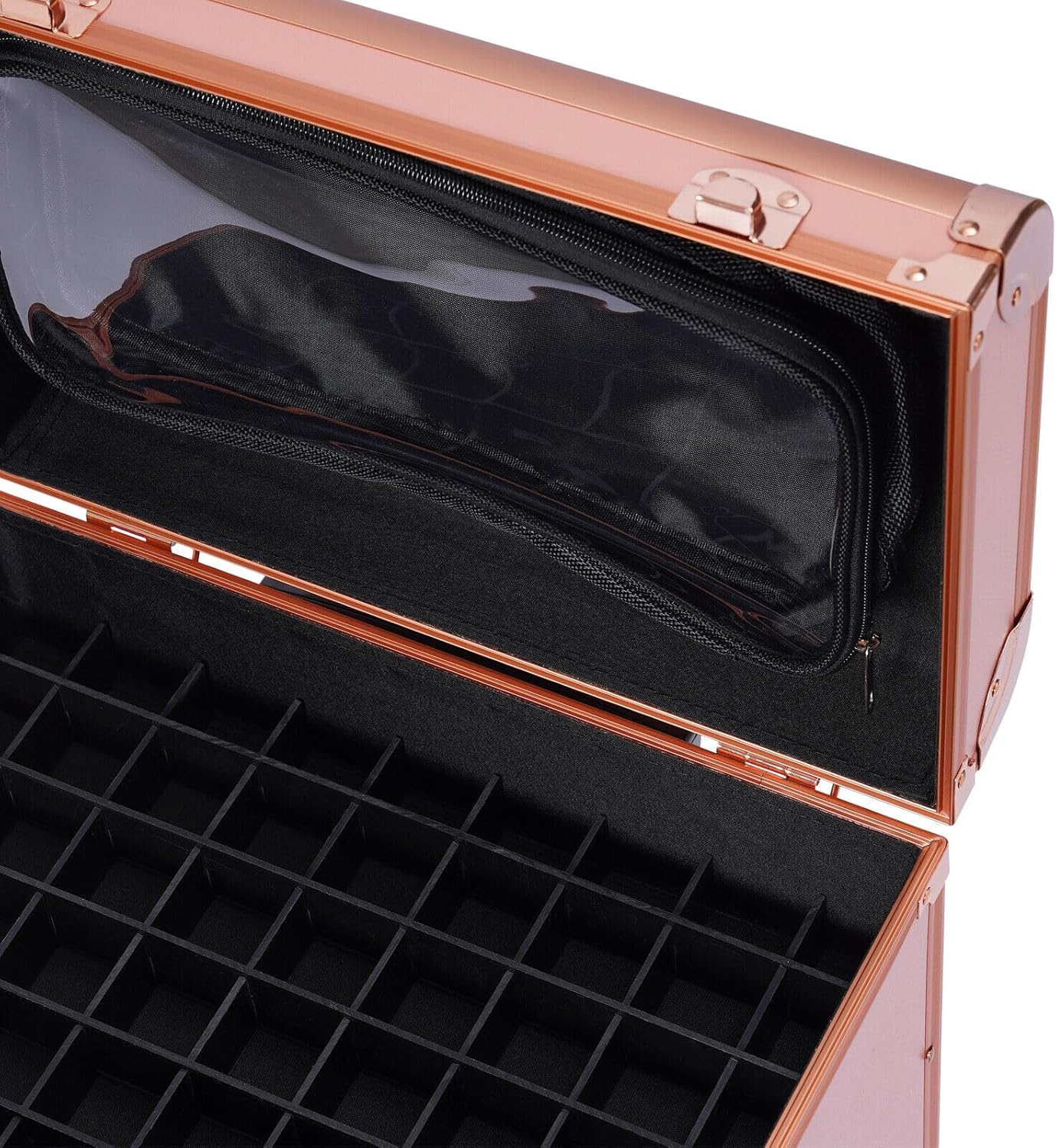 Rolling Makeup Case, Cosmetology Case on Wheels 3 Layer Nail Storage Case with CLear Storage Pocket Travel Polish Organizer Trolley for Stylist Nail Technician Salon Metal Lock-Rose Gold