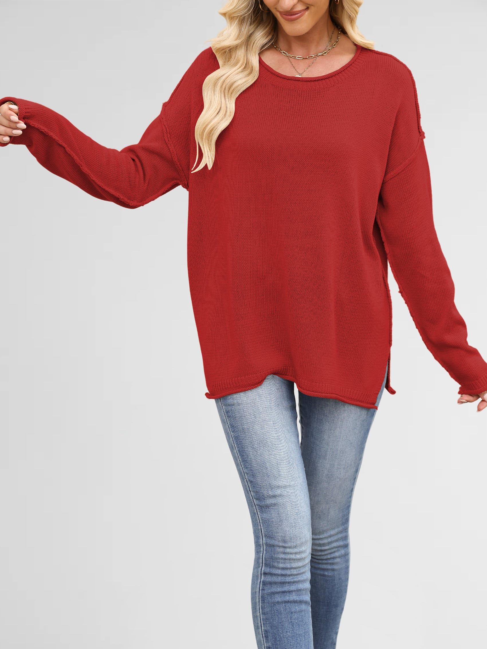Luźne Swetry Damskie, Luźne, z Długim Rękawem i Okrągłym Dekoltem, Dzianinowe, Przytulne, Swetry Pullover Czerwony M