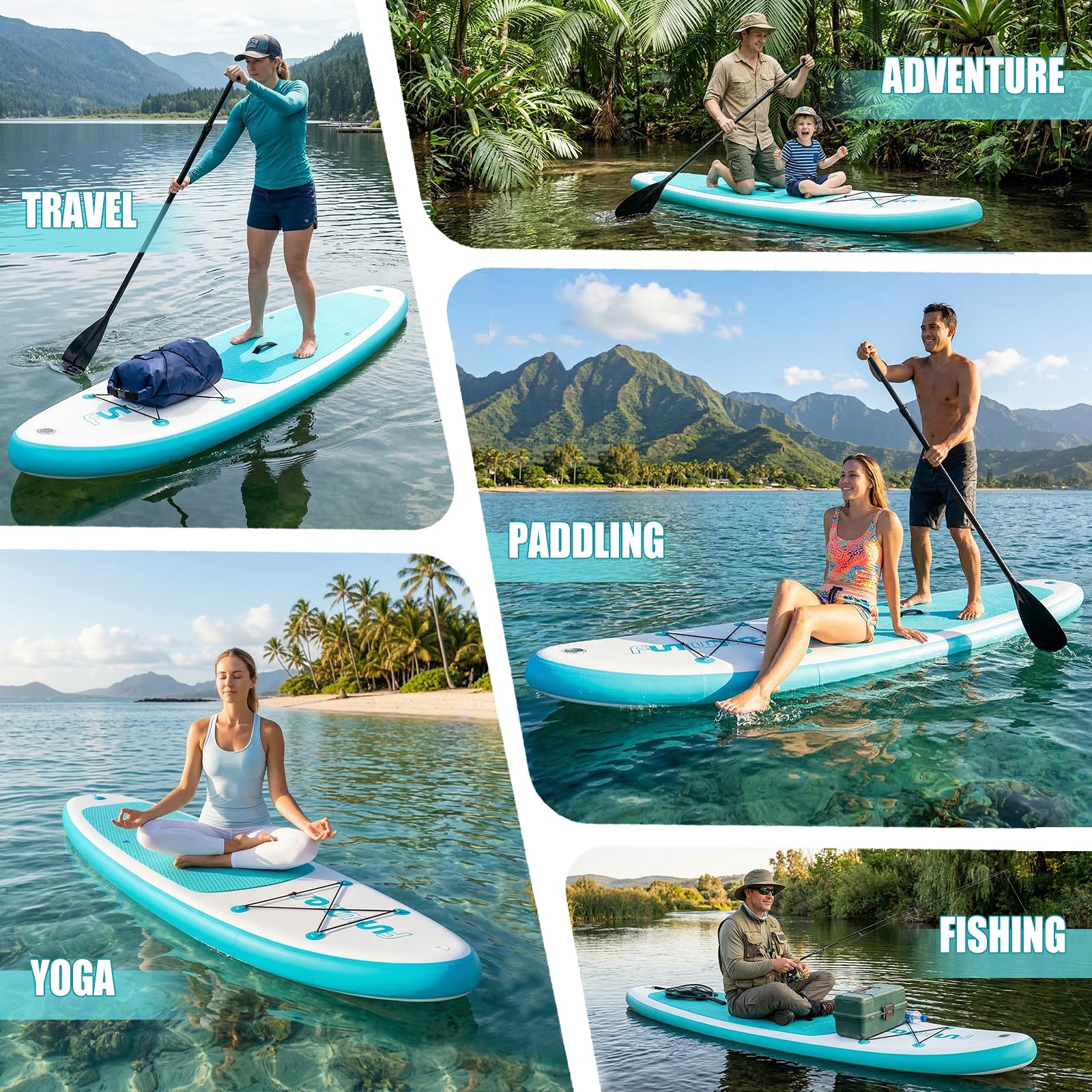 FunWater Tabla de remo inflable para adultos con pala, mochila, 3 aletas, bomba y correa adecuada para principiantes.