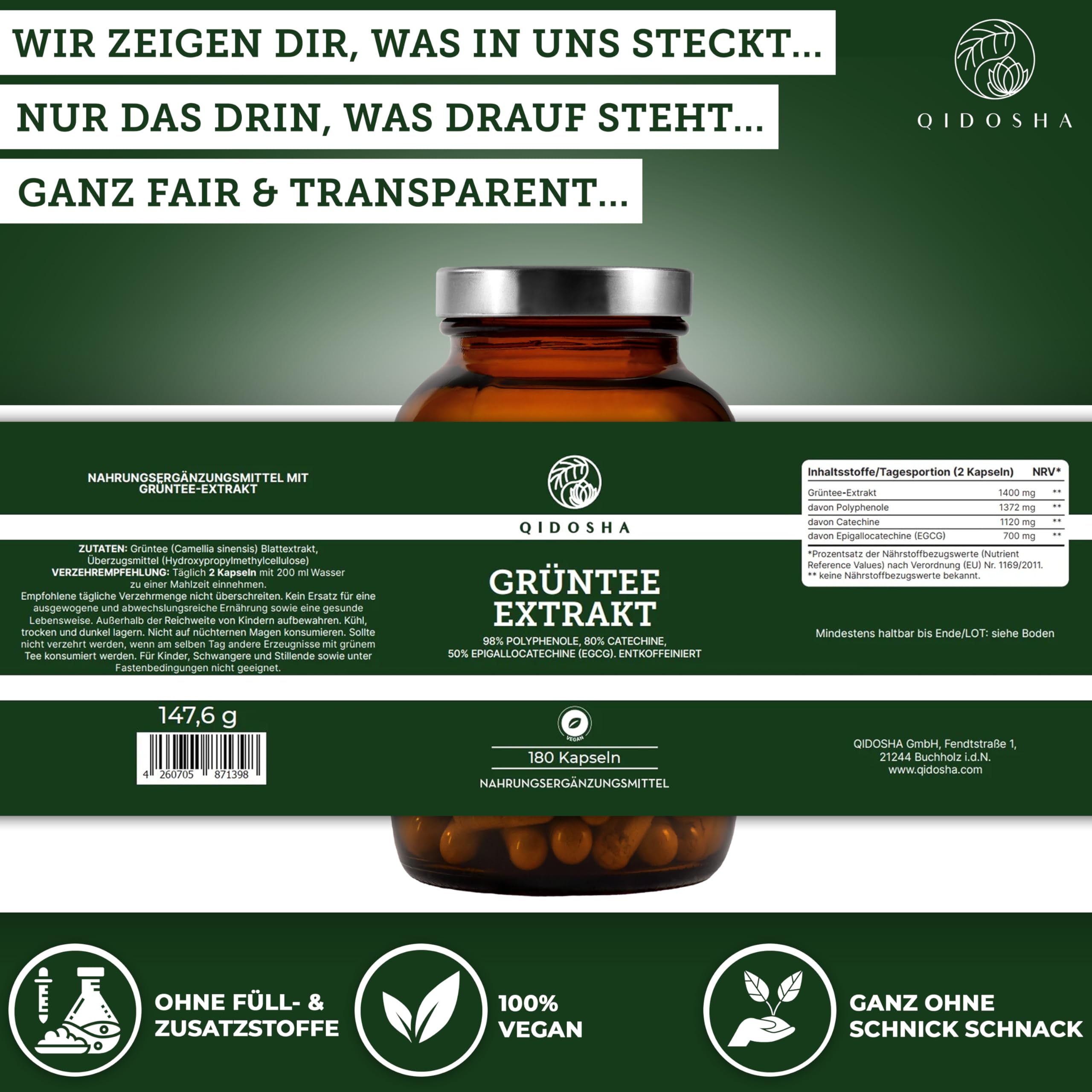 QIDOSHA® Grüntee Extrakt Kapseln entkoffeiniert mit 50% EGCG, 180 Stk, 700mg Grüntee-Extrakt ohne Koffein je Kapsel, davon volle 350mg reines EGCG, EGCG Kapseln hochdosiert ohne Koffein