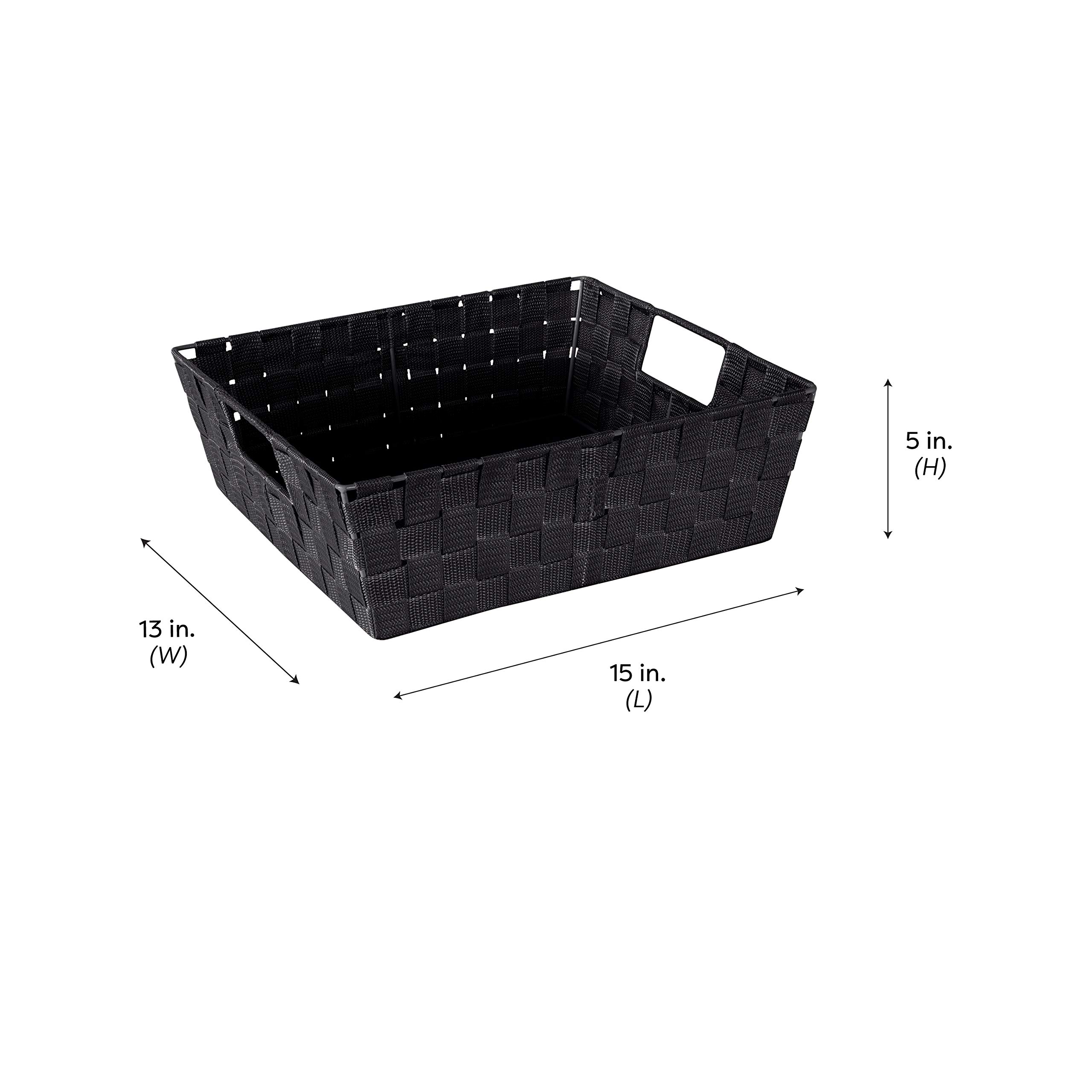 Simplify Large Shelf Woven Strap Tote | Decorative Storage Basket | Built in Handles | Organization | Closet | Bedroom | Bathroom | Nursery | Accessories | Toys | Gifts | 1 Pack | Black