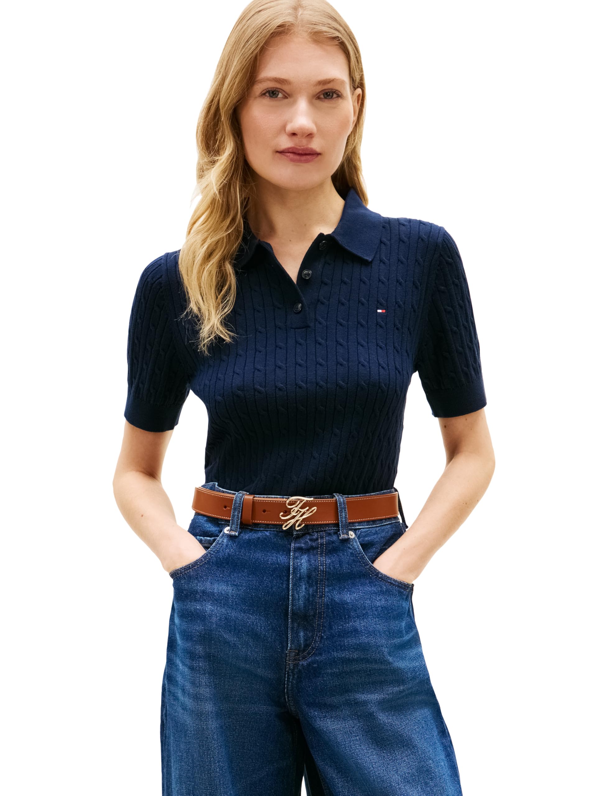 Women's Short Sleeve Cable Knit Polo Sweater Knit V Neck Polo Shirt