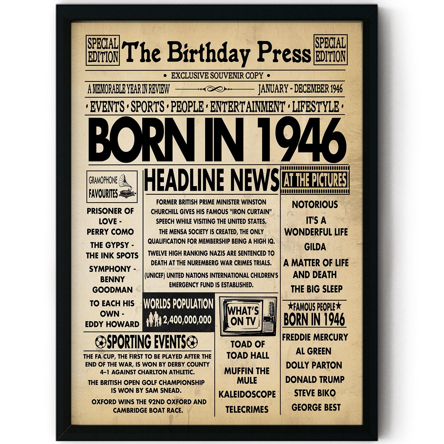 Stuff4 80th Birthday Poster Framed - Born In 1946 Newspaper - Happy 80th Birthday Gifts for Men Women Vintage Retro Back In 1946, 8x10 Inch Bday Party Decor Decoration