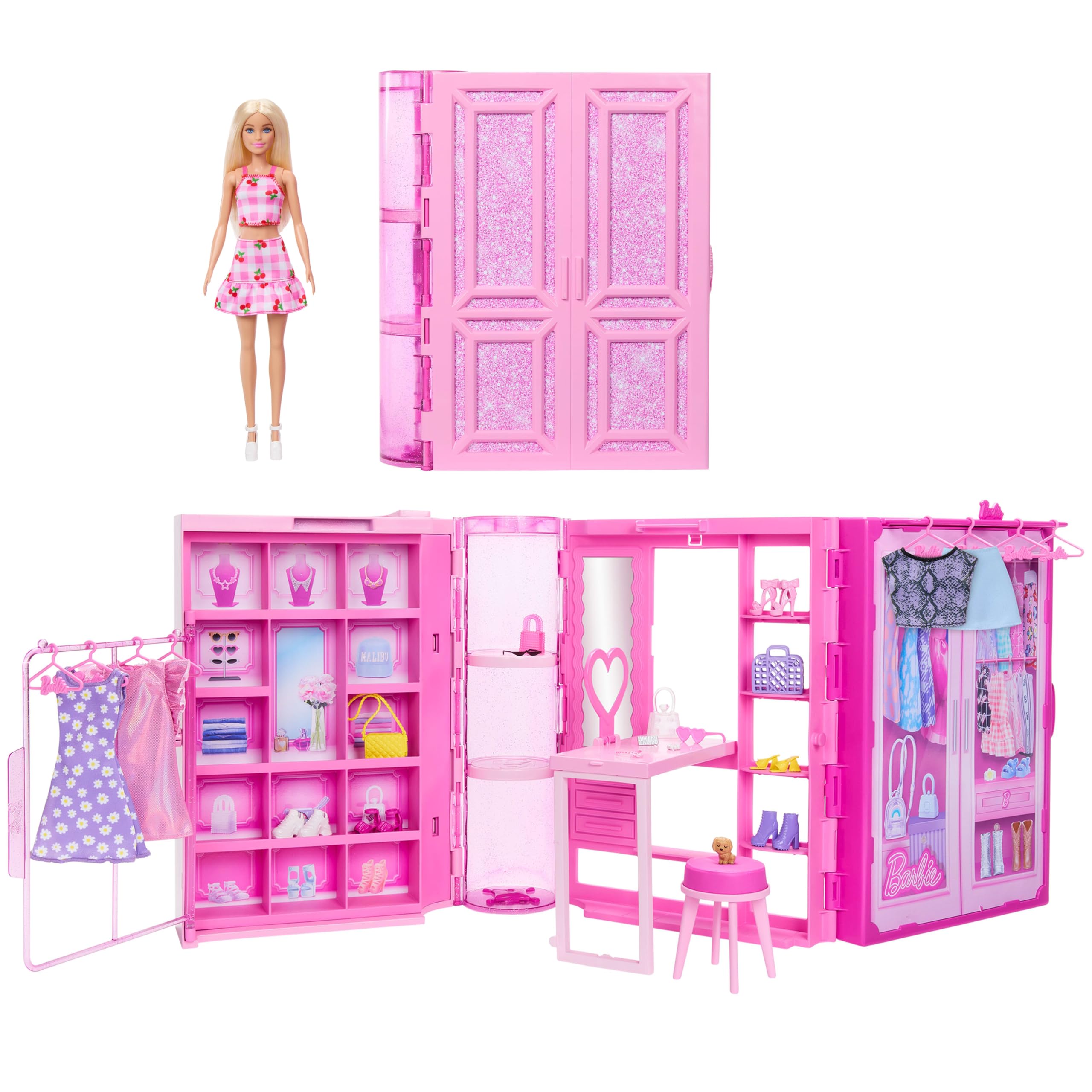 Barbie - Armadio dei Sogni, playset con bambola bionda alla moda, armadio largo 90+ cm con 25 vestiti e accessori, 3 look completi inclusi, giocattolo per bambini, 3+ anni, HXD58