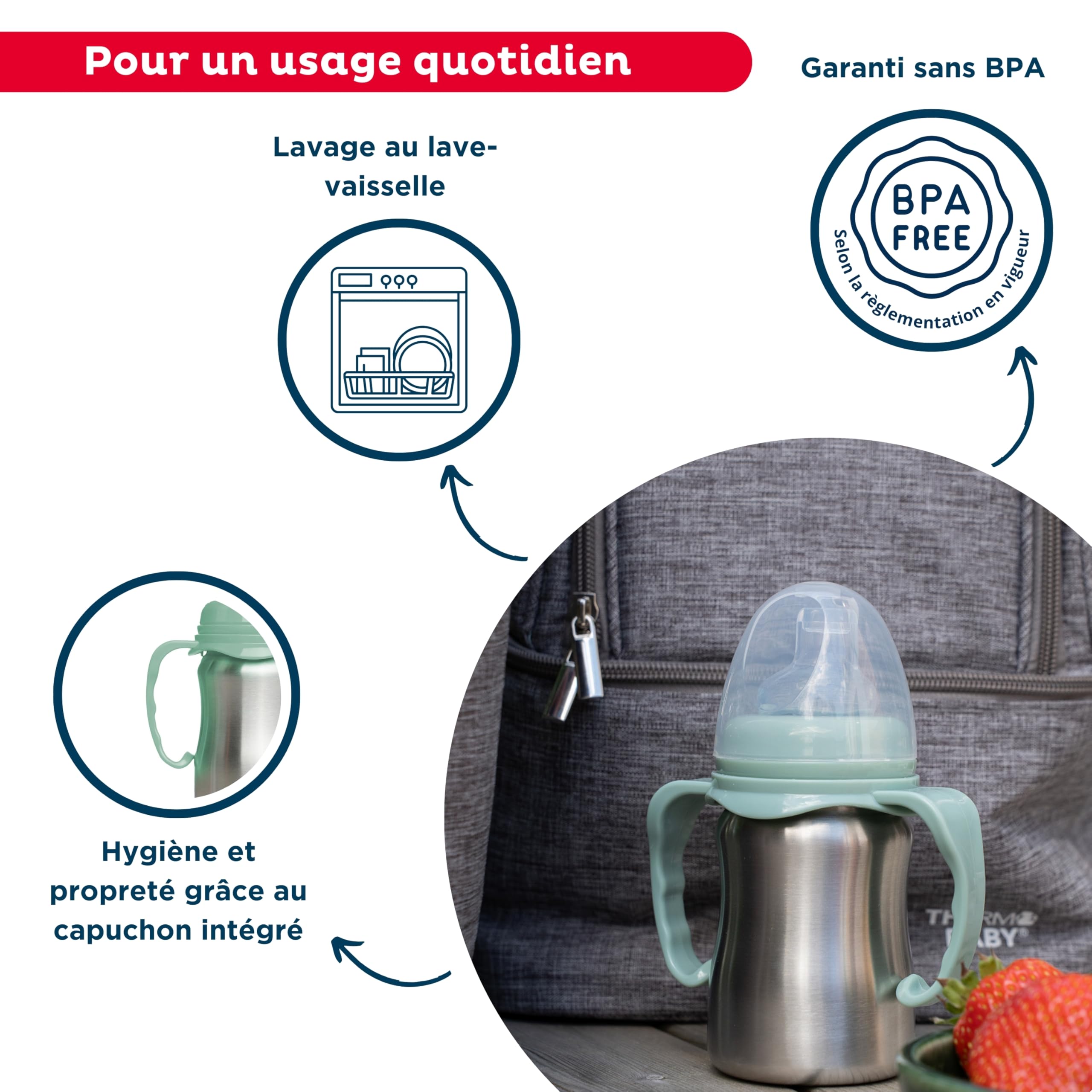 THERMOBABY - Tasse En Inox Bébé Avec Anses Et Tétine Silicone - Anti-Fuites - 180 ml - Facile À Nettoyer - Durable -Idéale Pour L’Autonomie De Bébé - Vert Cactus