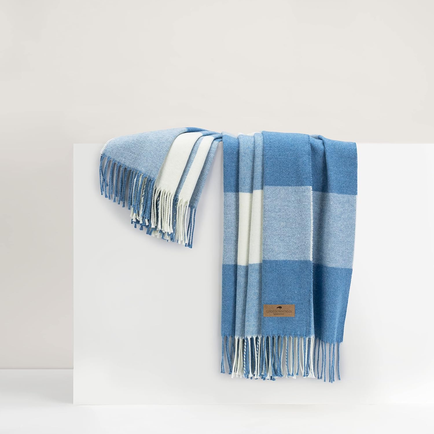 Lands Downunder All-Season, Luxury Denim Buffalo Check Herringbone Throw – Soft Woven Throw with Decorative Fringe – Made in Italy – 51”W x 67”L - Perfect for Gifting