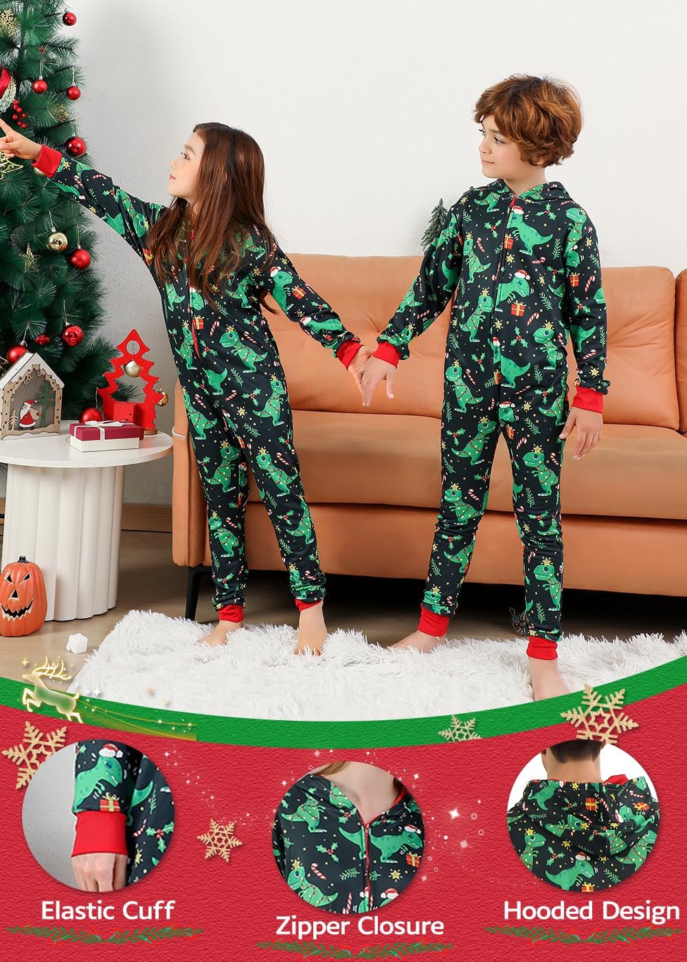 VNVNE Matching Christmas Onesie Pajamas for Family/Couples/Women/Men, Xmas Holiday Reindeer Striped Adults Pjs Sleepwear - Image 5