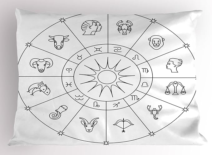 Ambesonne Astrology Pillow Sham, Sketchy Zodiacal Circle with Astrology Signs Aries Aquarius Pisces Lion Art, Decorative Standard Queen Size Printed Pillowcase, 30