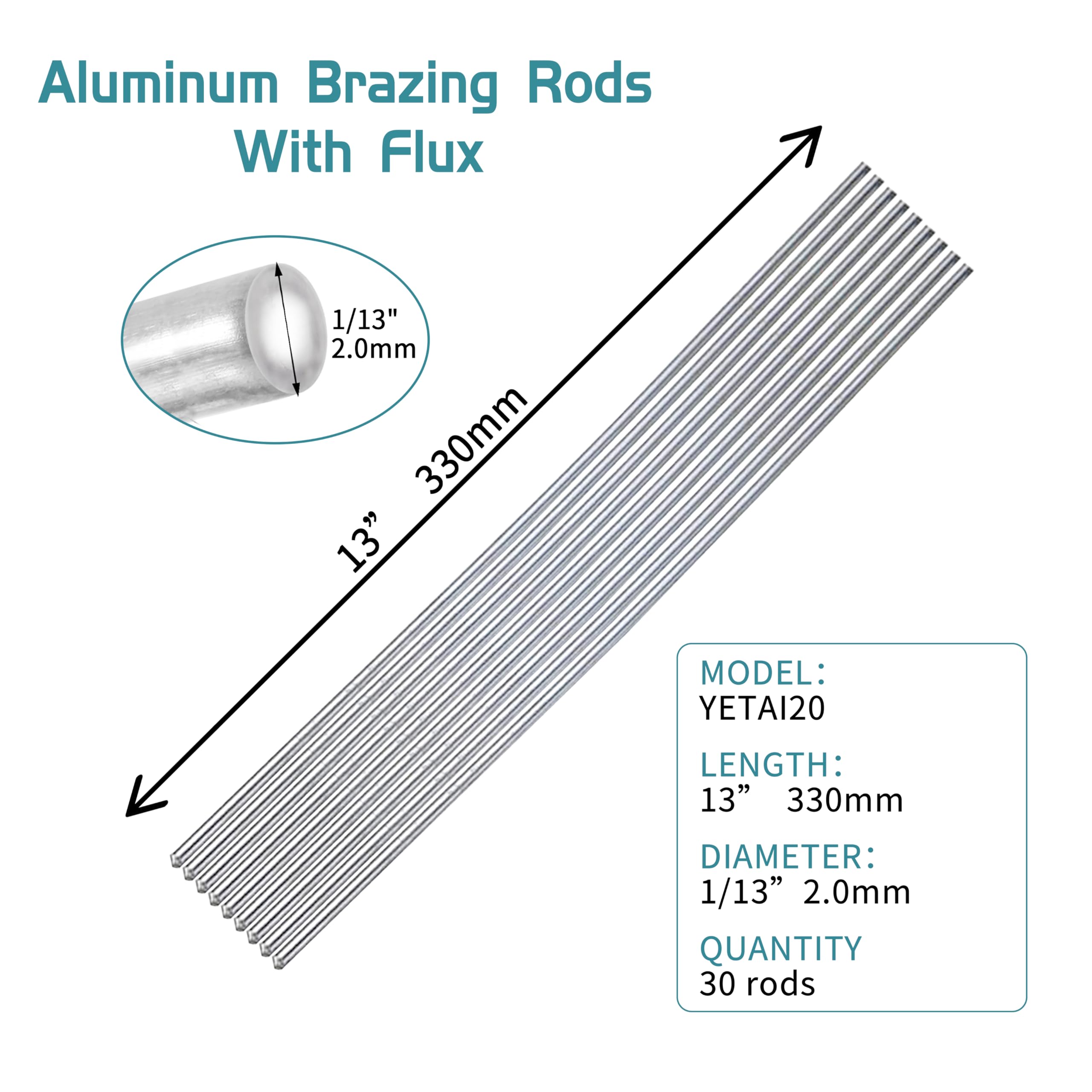 YEJJET 30-Pack Aluminum Welding Rods – Low-Temp, No Flux Needed, 1/13" Diameter, 13" Length, For Brazing Aluminum And Alloys, Beginner-Friendly