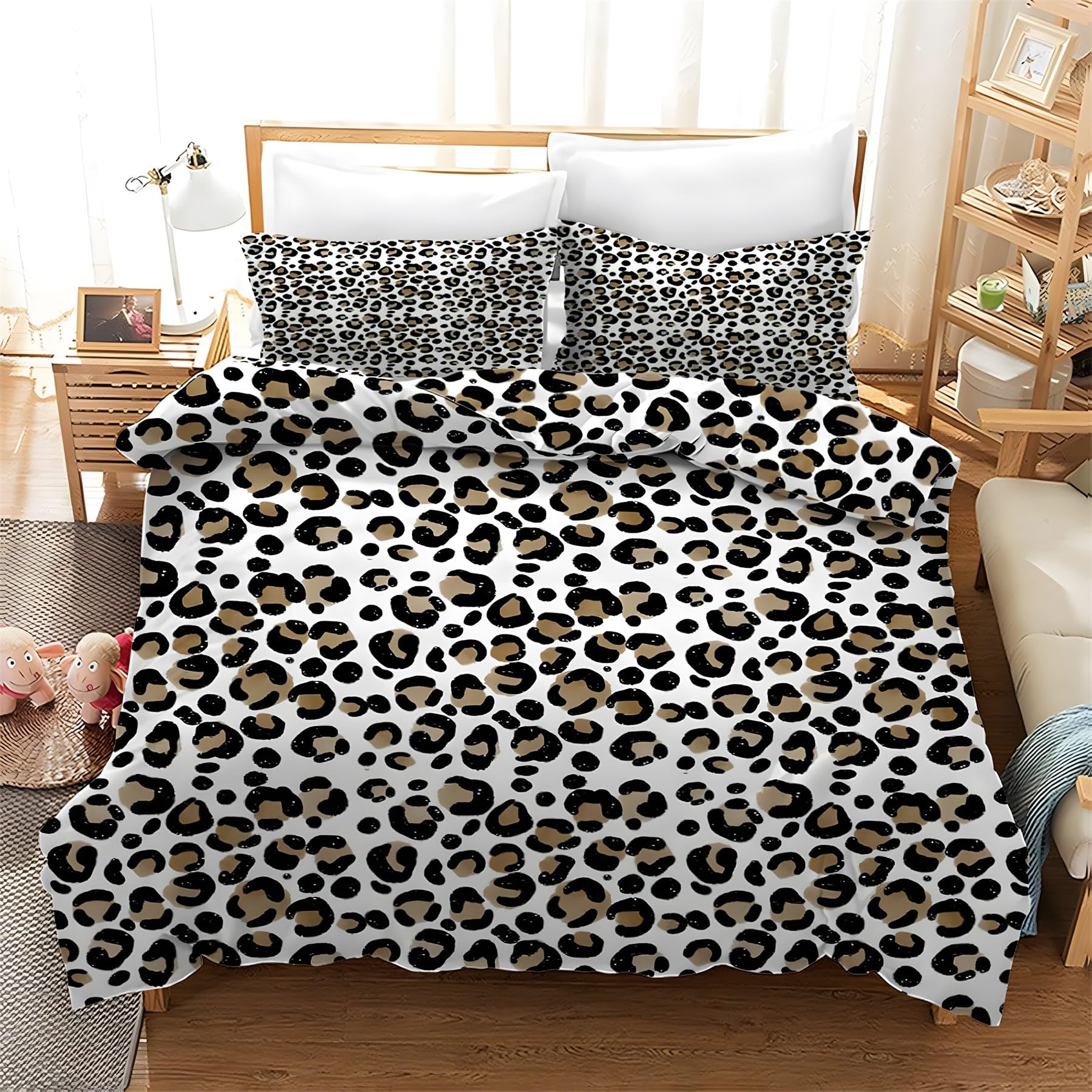 Parure de lit 240 x 260 motif léopard gris-blanc en microfibre avec 2 taies d'oreiller