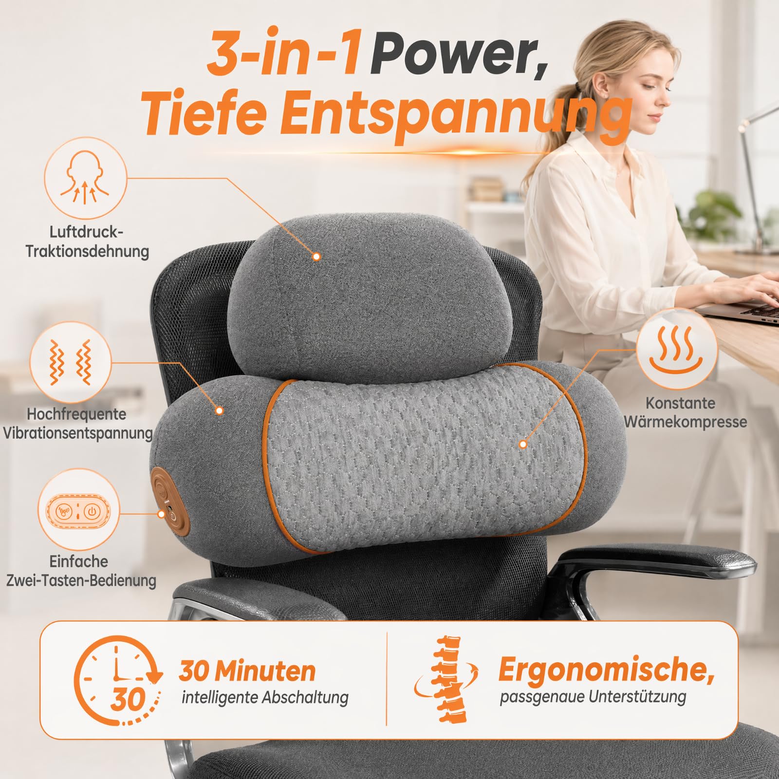 Nacken Massagegerät, 3in1 Elektrisch Nackenmassagekissen,Entspannungskissen | Massagegerät Nacken mit Wärme & Vibration, Massagekissen,Ergonomisches Memory-Schaum Massagegerät für Nacken Rücken Schulter